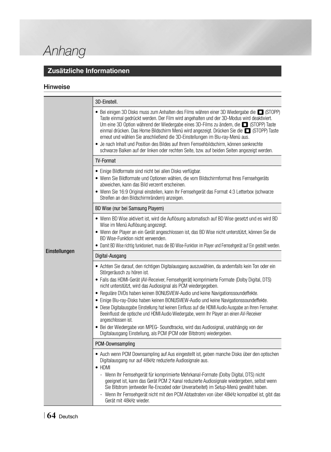 Samsung BD-F7500/EN, BD-F7500/XN manual Zusätzliche Informationen, Hinweise, Einstellungen 3D-Einstell, PCM-Downsampling 