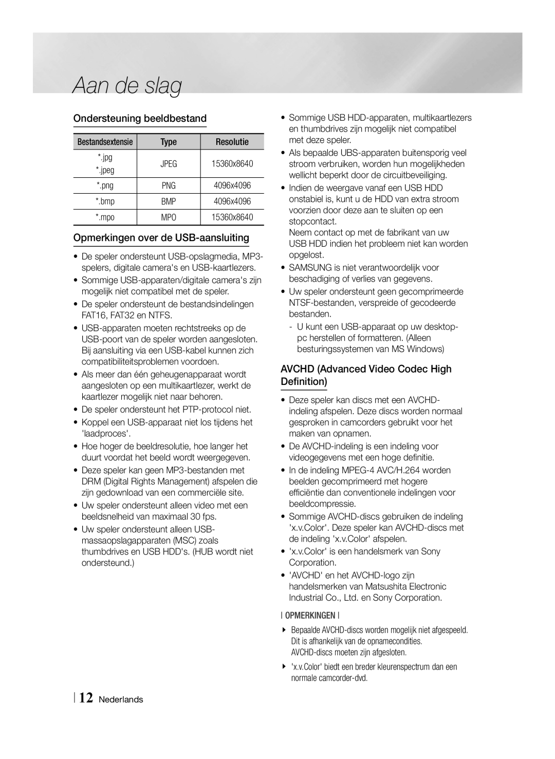 Samsung BD-F7500/ZF, BD-F7500/XN, BD-F7500/EN Ondersteuning beeldbestand, Opmerkingen over de USB-aansluiting, Resolutie 