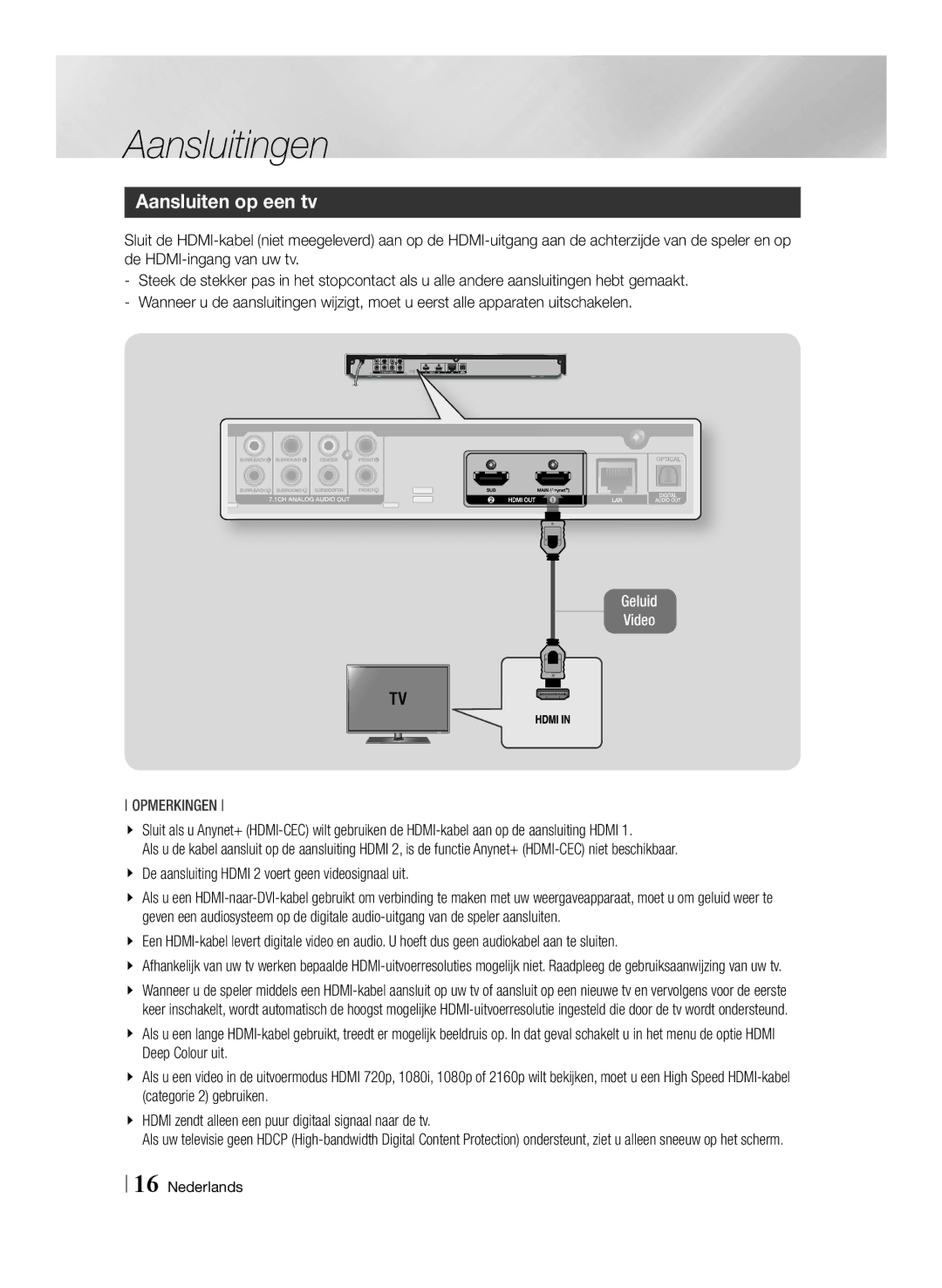 Samsung BD-F7500/ZF, BD-F7500/XN, BD-F7500/EN, BD-F7500/XE manual Aansluitingen, Aansluiten op een tv 