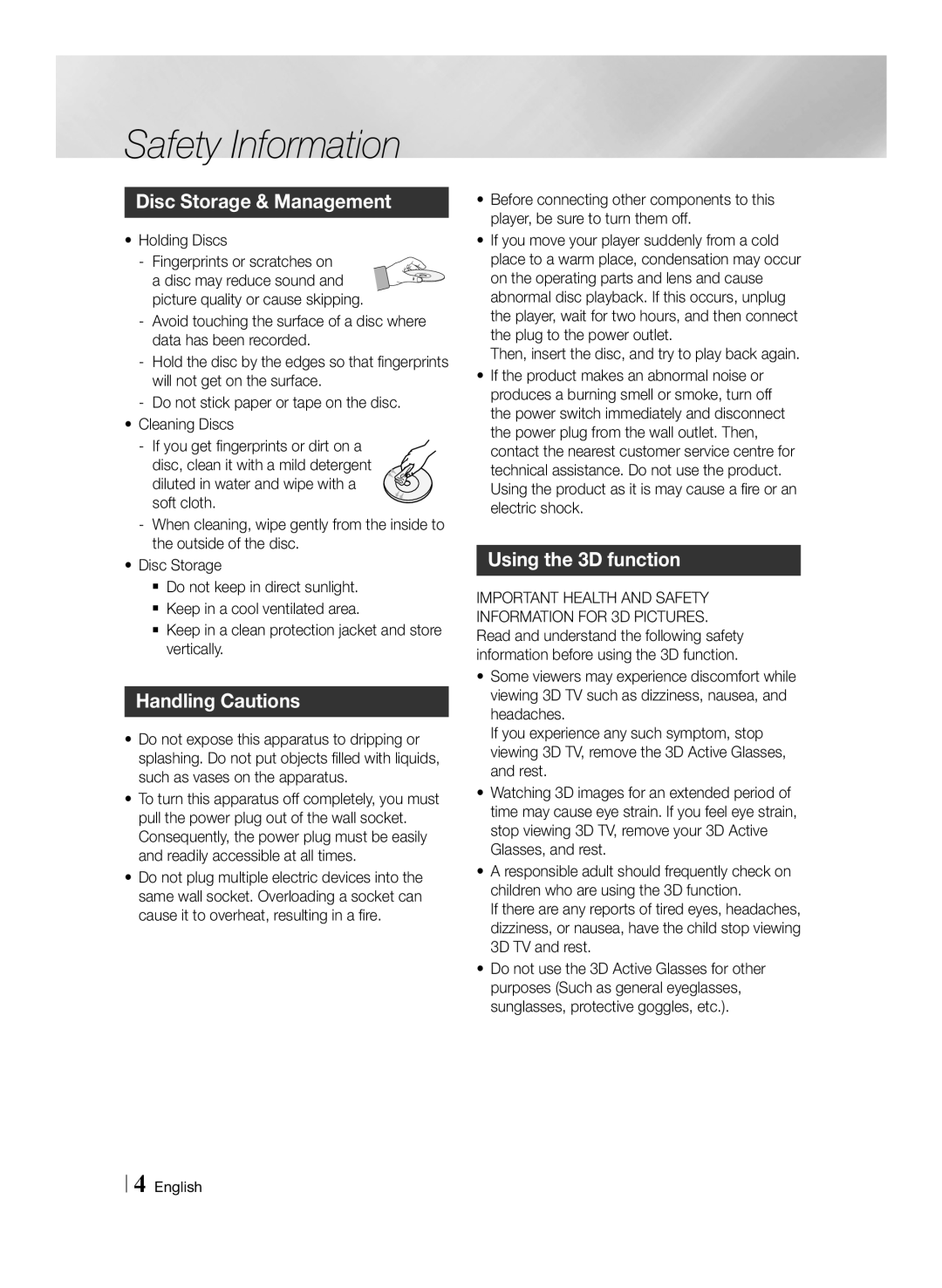 Samsung BD-F7500/XN, BD-F7500/EN, BD-F7500/ZF manual Disc Storage & Management, Handling Cautions, Using the 3D function 