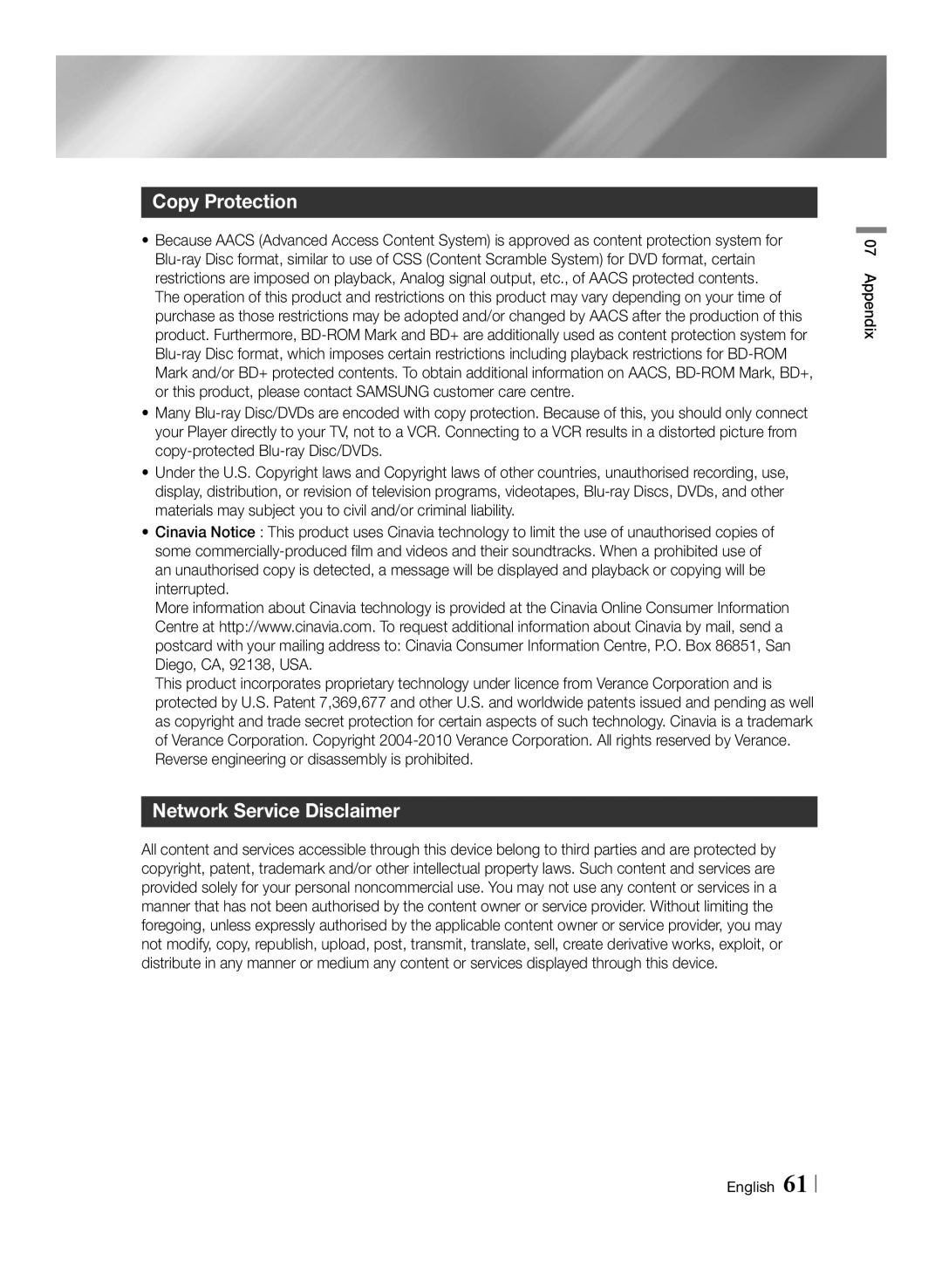 Samsung BD-F7500/EN, BD-F7500/XN, BD-F7500/ZF, BD-F7500/XE Copy Protection, Network Service Disclaimer, Appendix English 