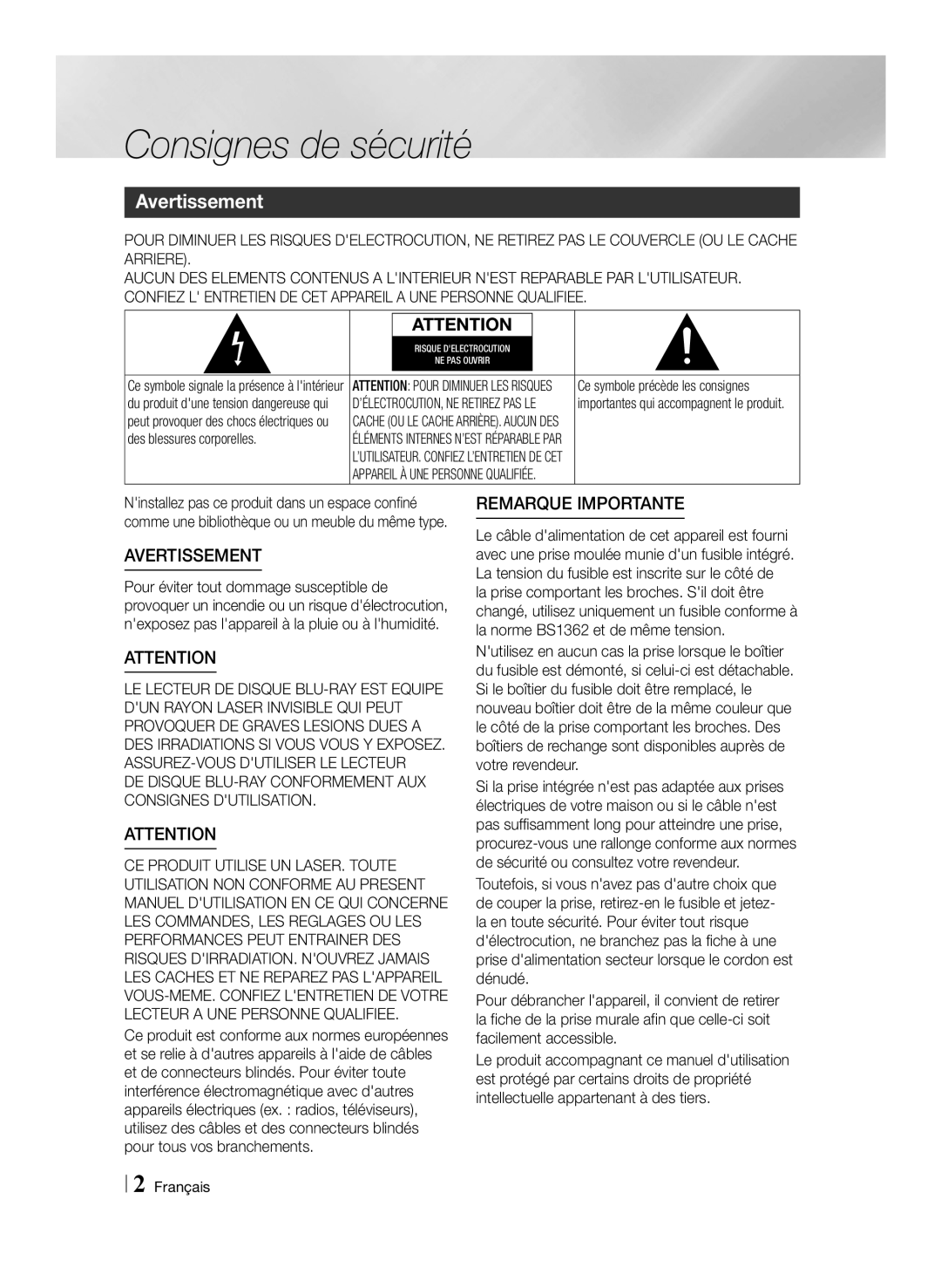 Samsung BD-F7500/ZF, BD-F7500/XN, BD-F7500/EN, BD-F7500/XE manual Consignes de sécurité, Avertissement 