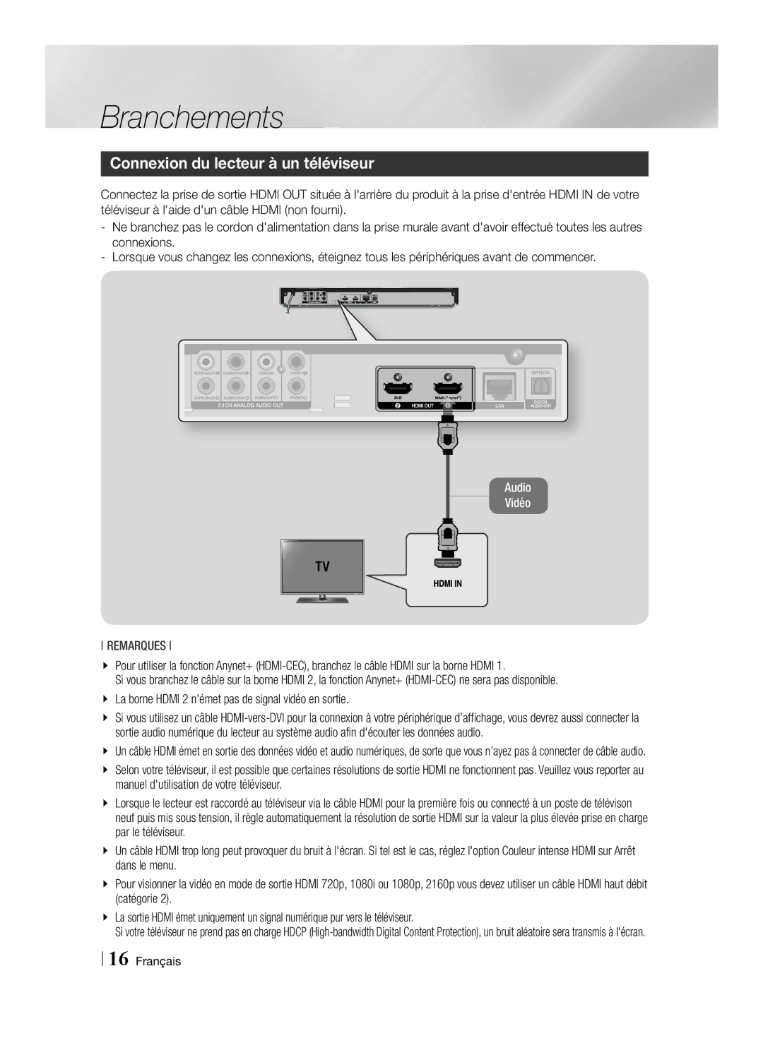 Samsung BD-F7500/XN, BD-F7500/EN, BD-F7500/ZF, BD-F7500/XE manual Branchements, Connexion du lecteur à un téléviseur 