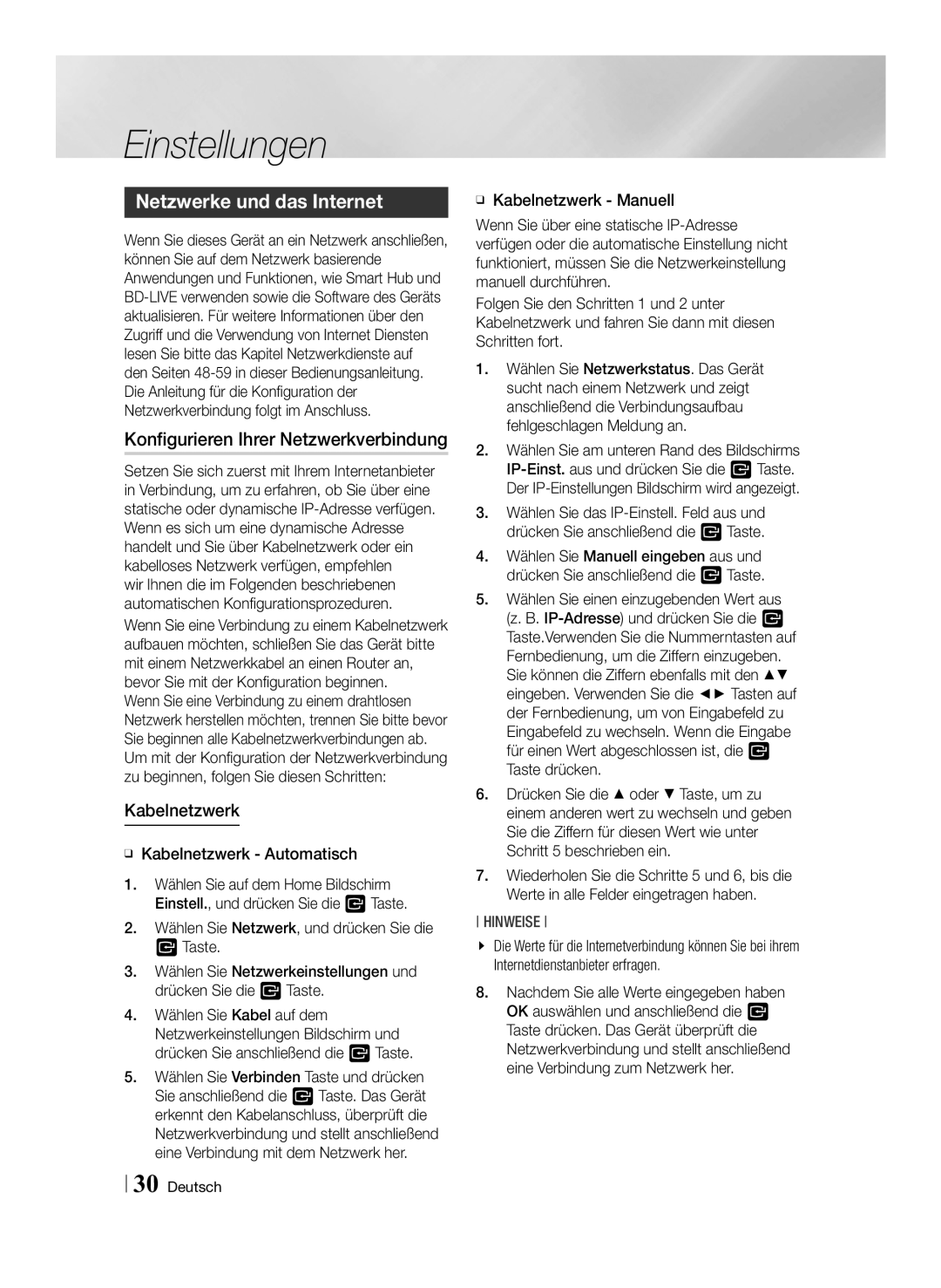 Samsung BD-F7500/ZF, BD-F7500/XN manual Netzwerke und das Internet, Konfigurieren Ihrer Netzwerkverbindung, Kabelnetzwerk 