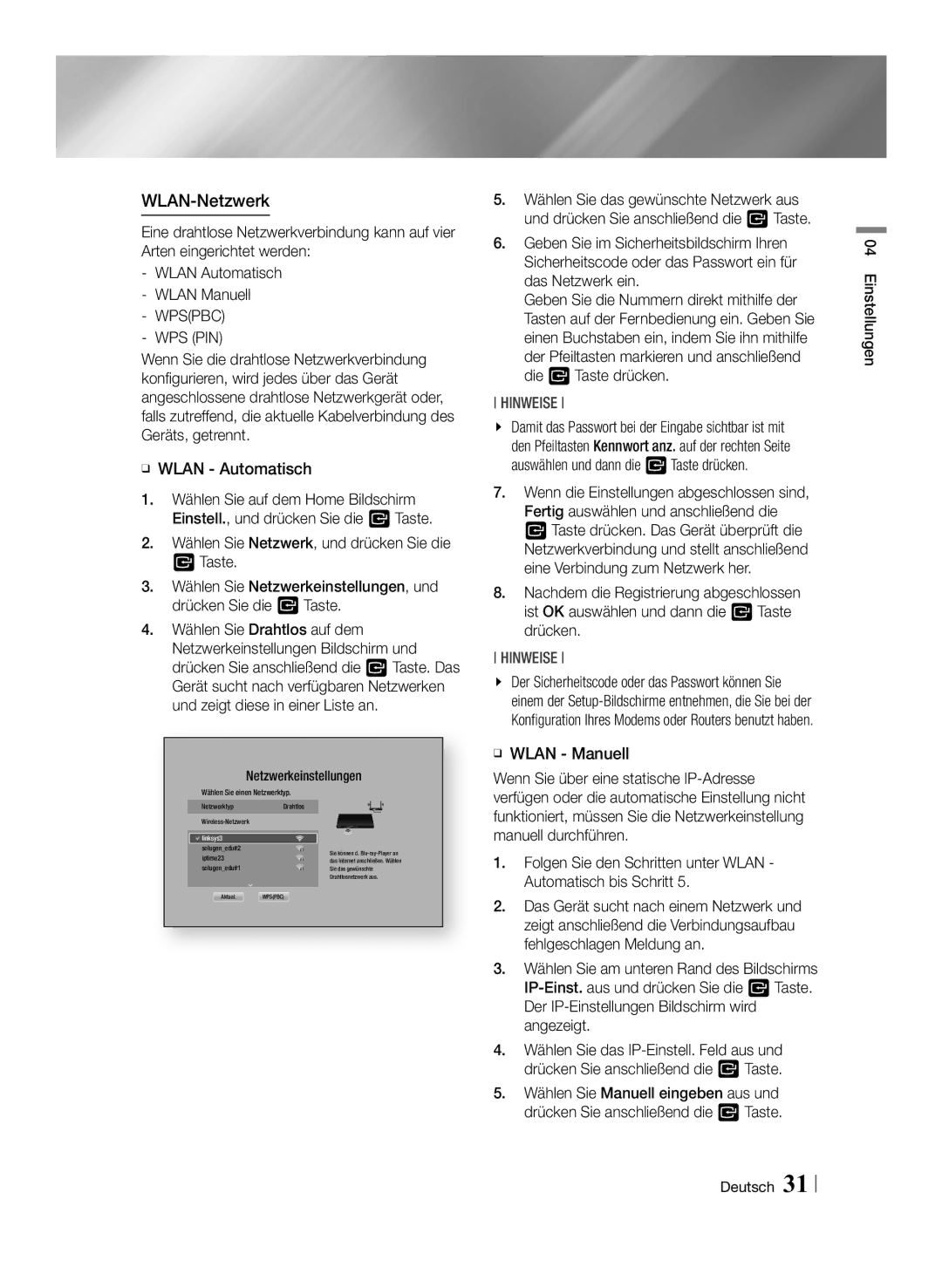 Samsung BD-F7500/XE manual WLAN-Netzwerk, Wps Pin, ĞĞ Wlan Manuell Wenn Sie über eine statische IP-Adresse, Einstellungen 