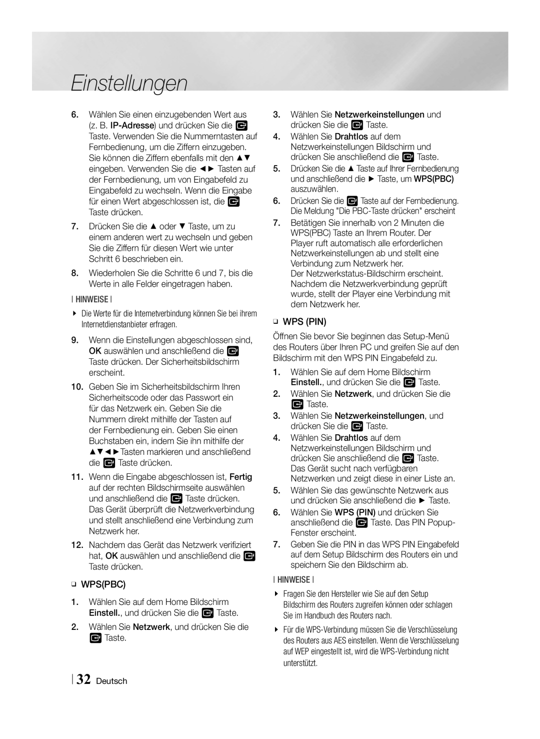 Samsung BD-F7500/XN, BD-F7500/EN, BD-F7500/ZF, BD-F7500/XE manual Hinweise, Ğğ Wps Pin 