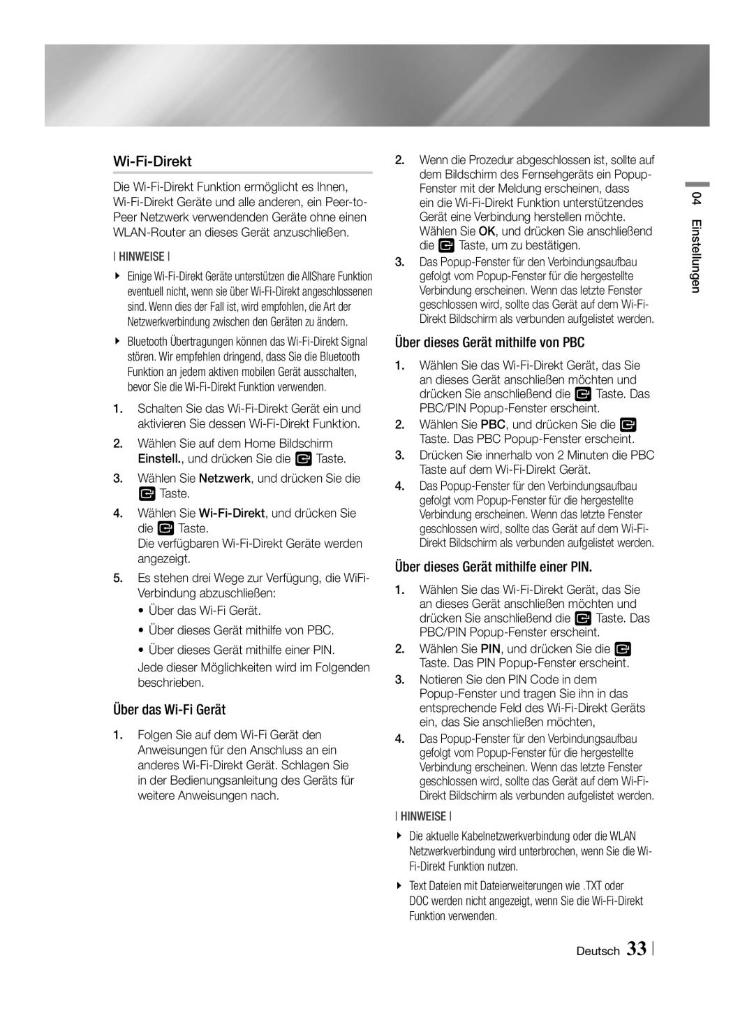 Samsung BD-F7500/EN, BD-F7500/XN, BD-F7500/ZF manual Wi-Fi-Direkt, Über das Wi-Fi Gerät, Über dieses Gerät mithilfe von PBC 