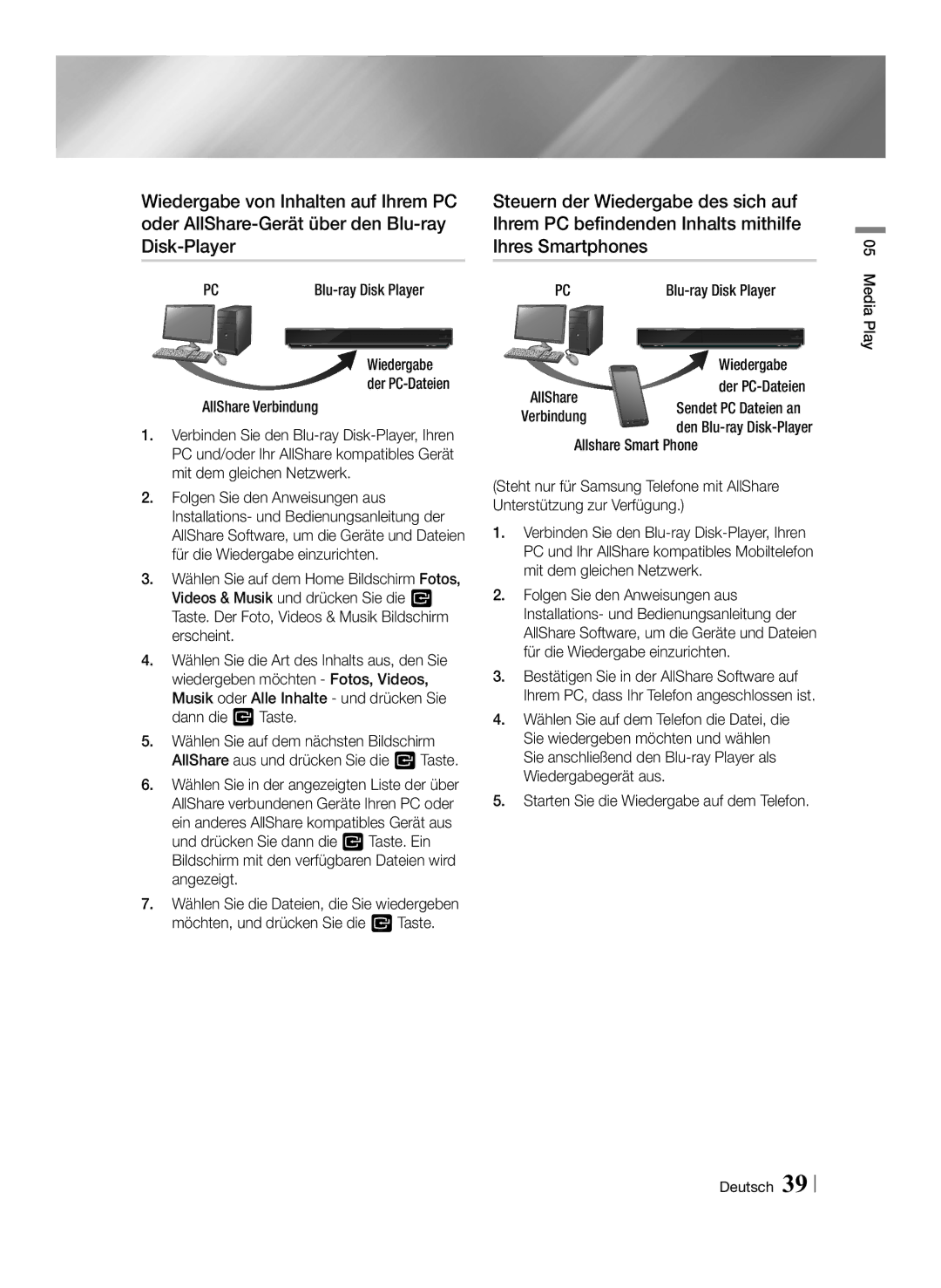 Samsung BD-F7500/XE, BD-F7500/XN, BD-F7500/EN, BD-F7500/ZF manual AllShare Verbindung, Wiedergabe 