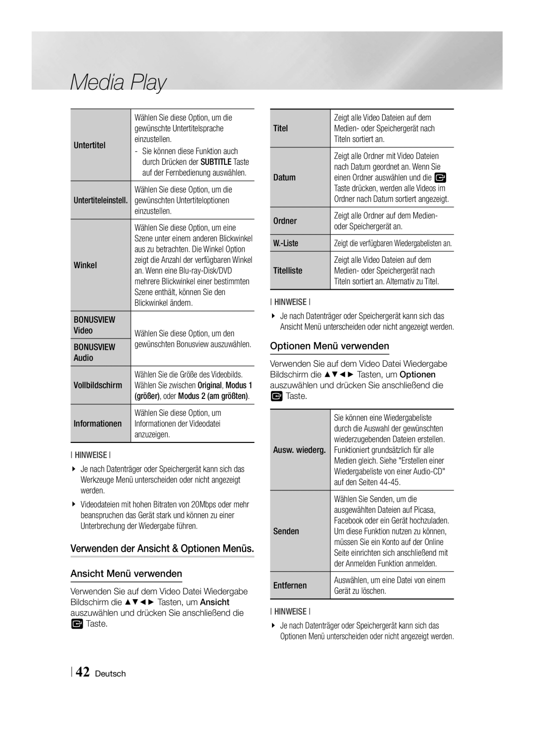 Samsung BD-F7500/ZF, BD-F7500/XN, BD-F7500/EN, BD-F7500/XE manual Optionen Menü verwenden 