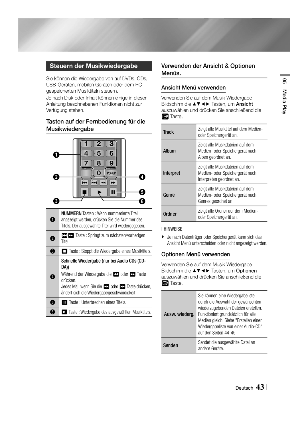 Samsung BD-F7500/XE, BD-F7500/XN manual Steuern der Musikwiedergabe, Tasten auf der Fernbedienung für die Musikwiedergabe 