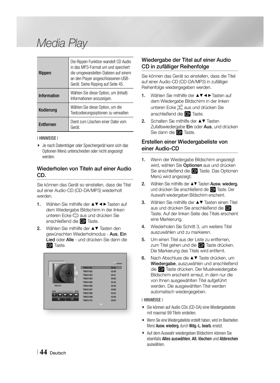 Samsung BD-F7500/XN Wiederholen von Titeln auf einer Audio CD, Erstellen einer Wiedergabeliste von einer Audio-CD, Gerät 