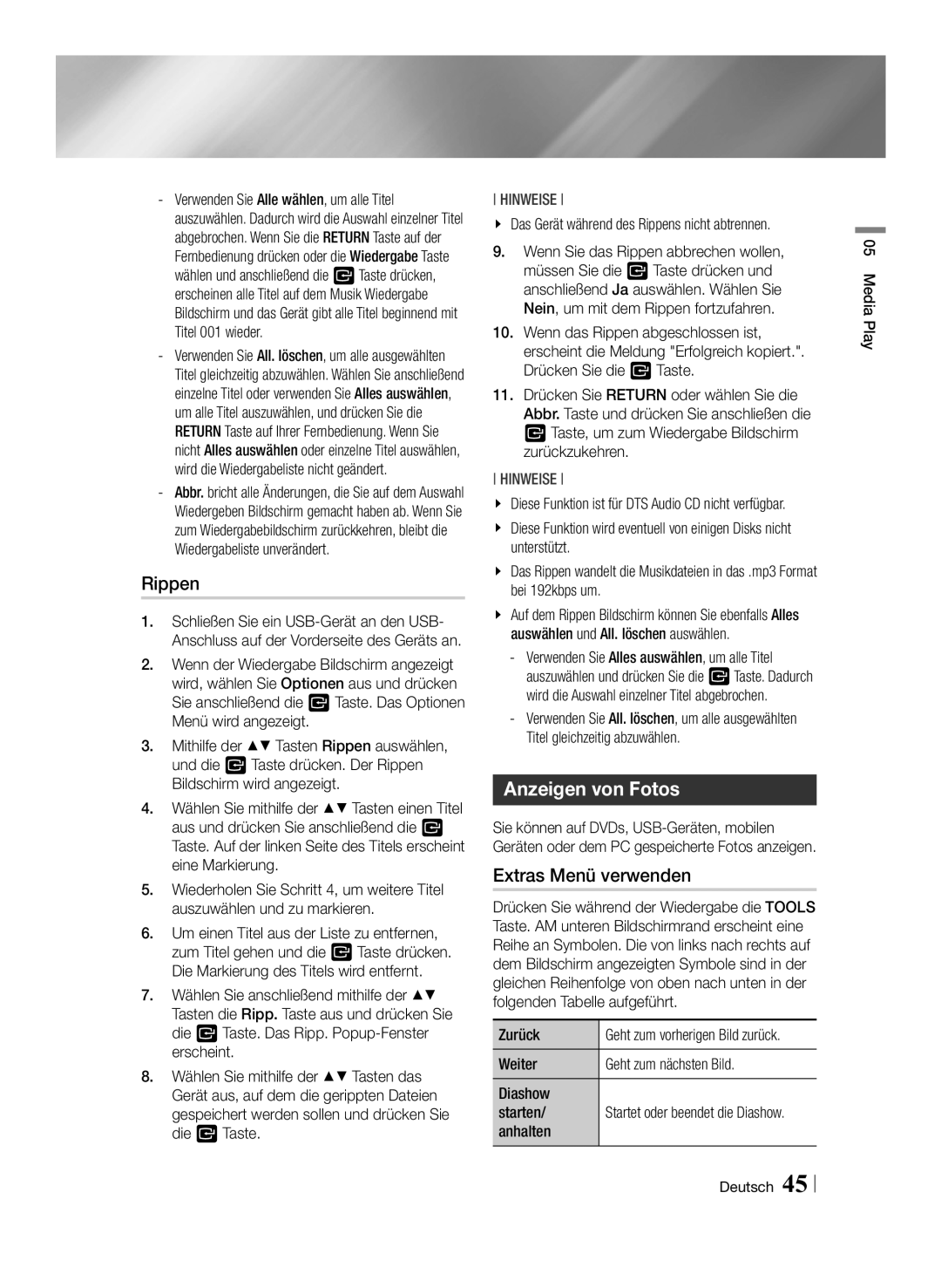 Samsung BD-F7500/EN, BD-F7500/XN, BD-F7500/ZF, BD-F7500/XE manual Rippen, Anzeigen von Fotos 