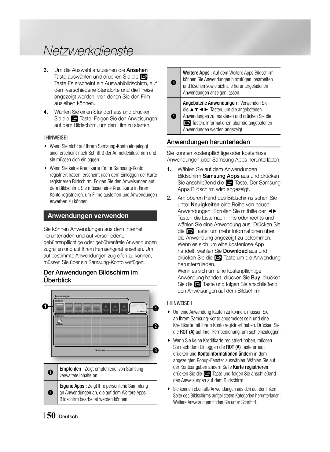 Samsung BD-F7500/ZF, BD-F7500/XN Anwendungen verwenden, Anwendungen herunterladen, Der Anwendungen Bildschirm im Überblick 