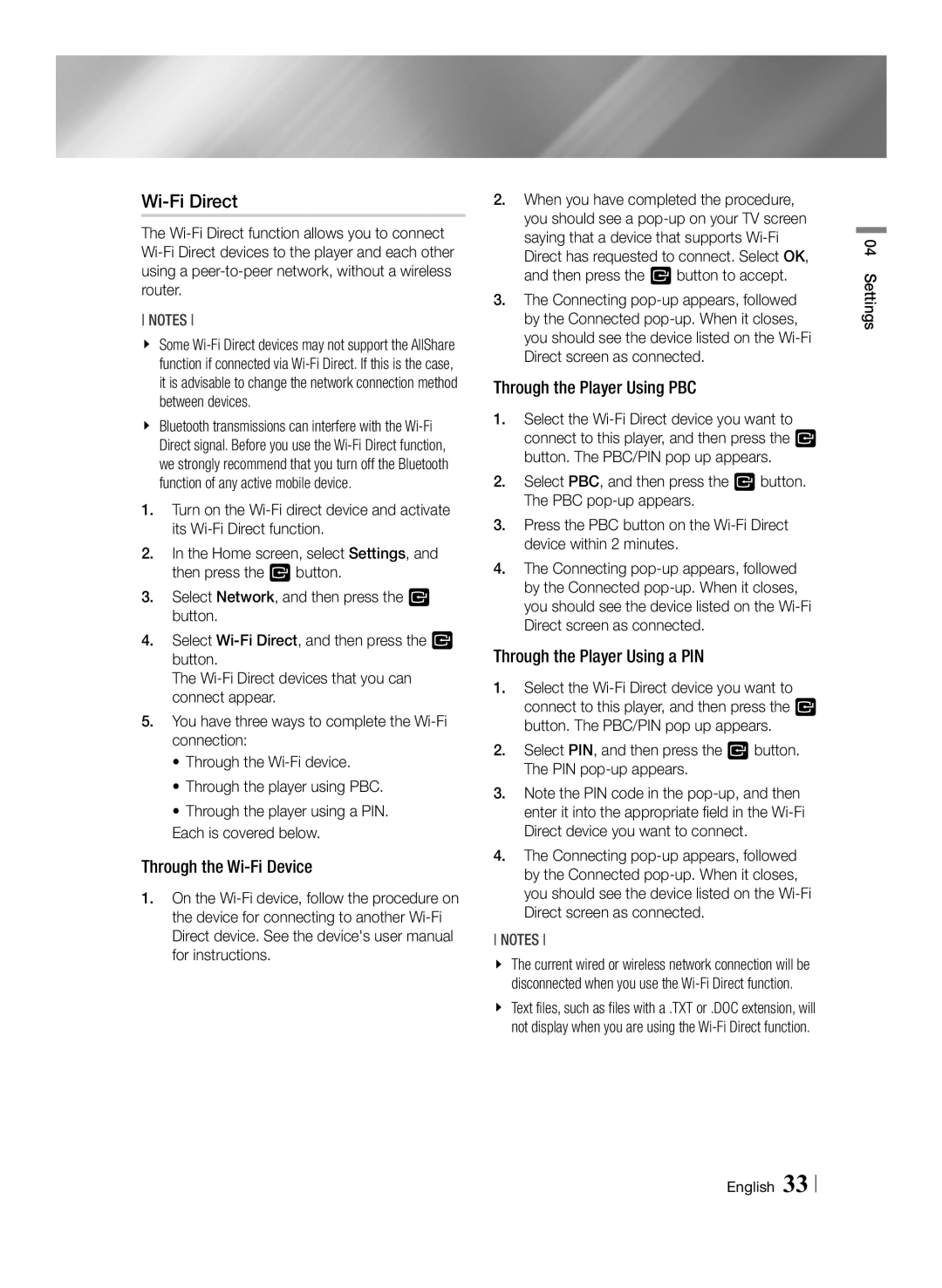 Samsung BD-F7500/EN Wi-Fi Direct, Through the Wi-Fi Device, Through the Player Using PBC, Through the Player Using a PIN 