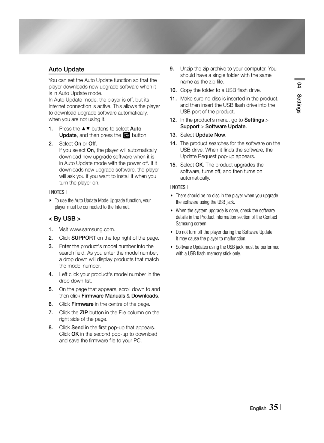 Samsung BD-F7500/XE, BD-F7500/XN, BD-F7500/EN, BD-F7500/ZF manual Auto Update, By USB 