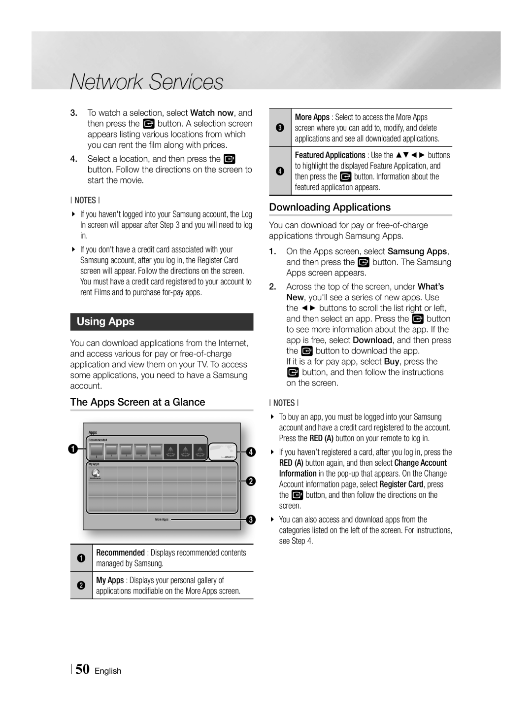 Samsung BD-F7500/ZF, BD-F7500/XN manual Using Apps, Apps Screen at a Glance, Downloading Applications, Managed by Samsung 