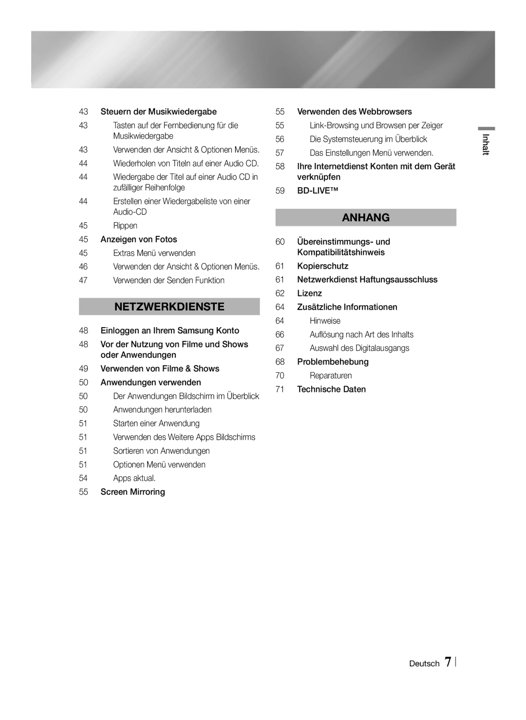 Samsung BD-F7500/XE manual Verwenden der Senden Funktion, Anwendungen herunterladen Starten einer Anwendung, Inhalt Deutsch 