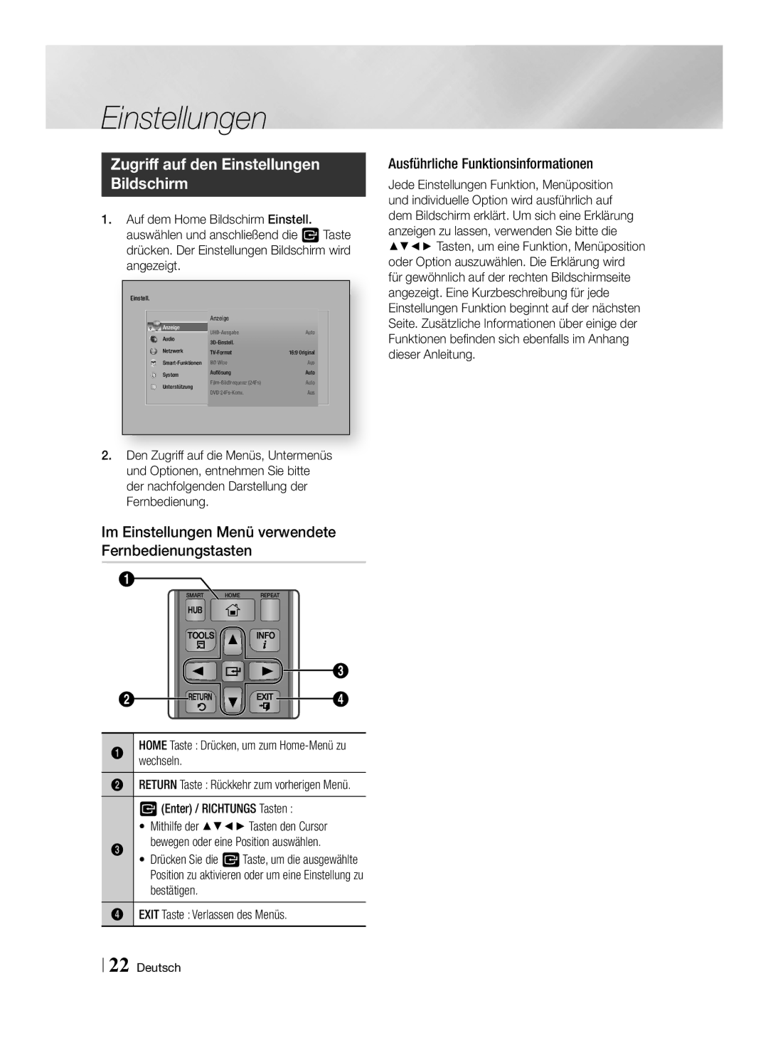 Samsung BD-F7500/ZF manual Zugriff auf den Einstellungen Bildschirm, Im Einstellungen Menü verwendete Fernbedienungstasten 