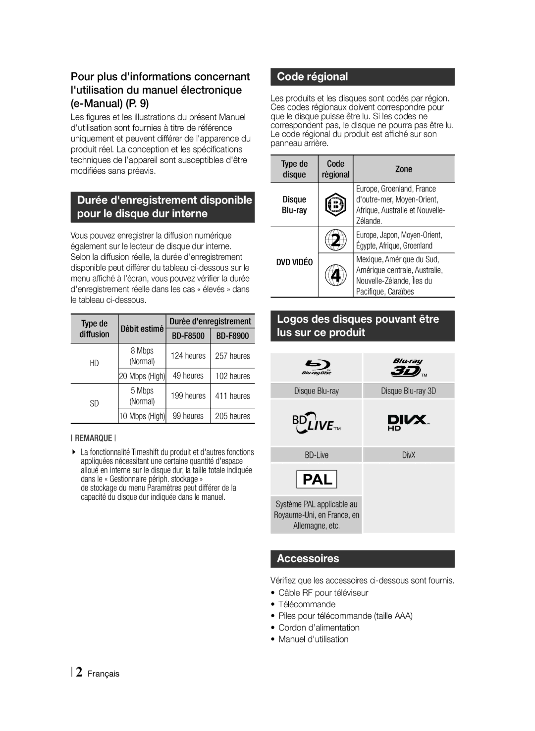 Samsung BD-F8500/ZF, BD-F8900/ZF manual Code régional, Logos des disques pouvant être lus sur ce produit, Accessoires 