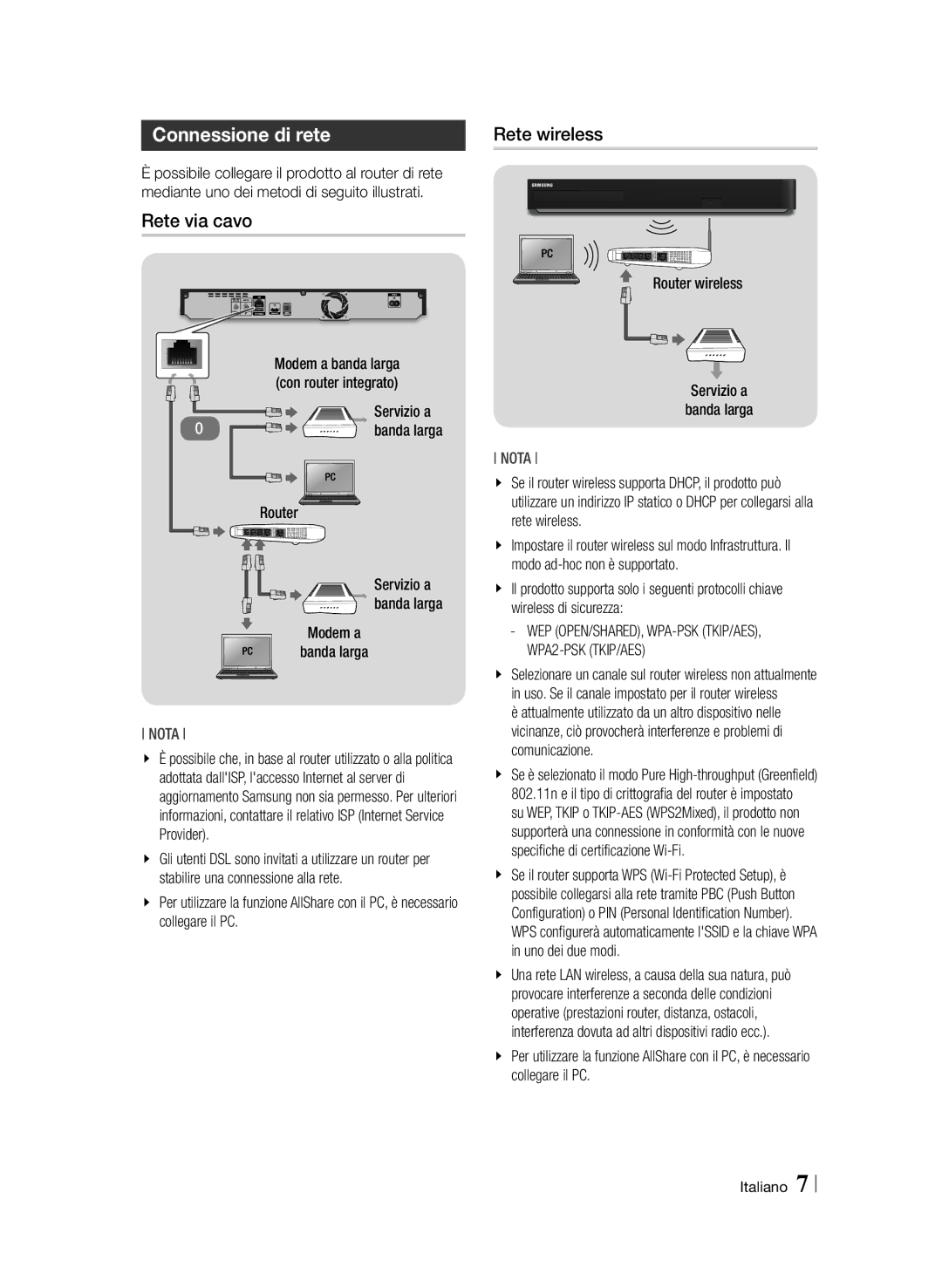 Samsung BD-F8500/ZF, BD-F8900/ZF manual Connessione di rete, Rete via cavo, Rete wireless 