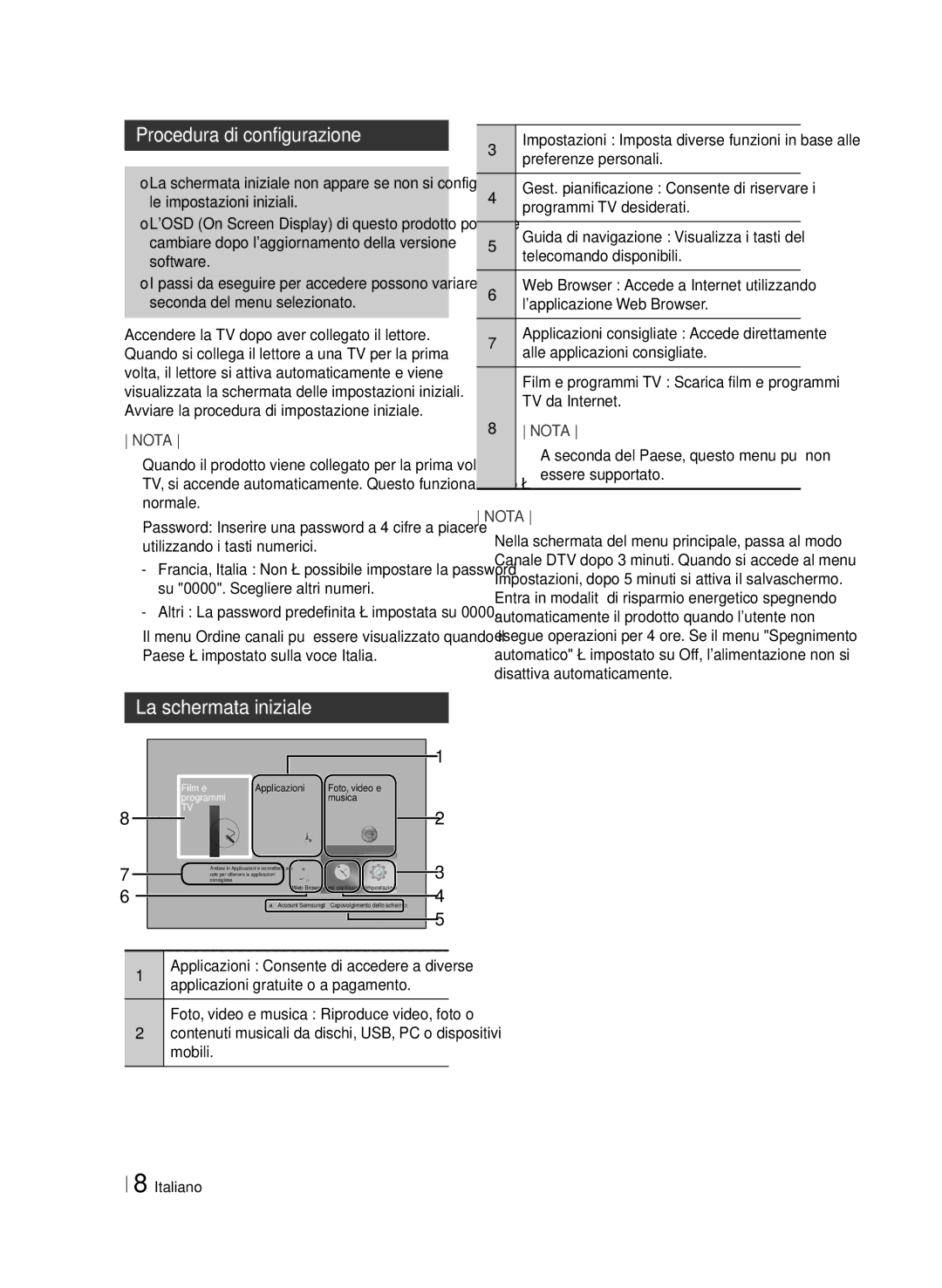 Samsung BD-F8900/ZF, BD-F8500/ZF manual Procedura di configurazione, La schermata iniziale 