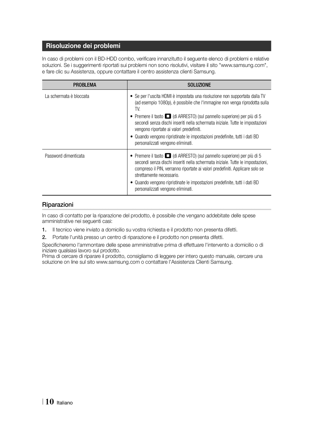 Samsung BD-F8900/ZF, BD-F8500/ZF manual Risoluzione dei problemi, Riparazioni, Problema Soluzione 