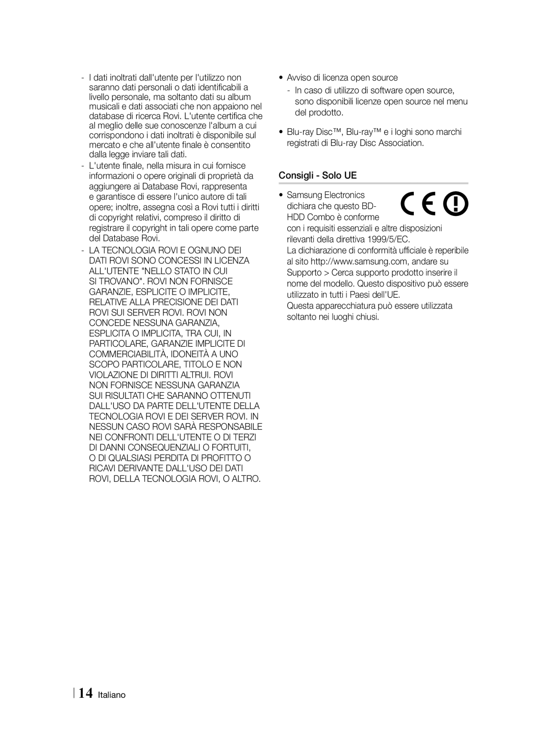 Samsung BD-F8900/ZF, BD-F8500/ZF manual Consigli Solo UE 