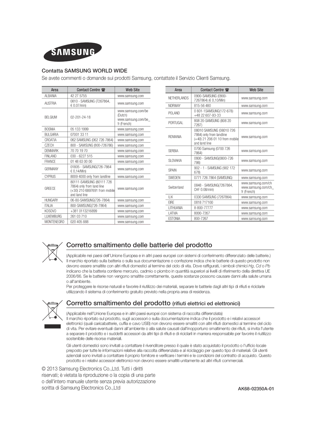 Samsung BD-F8500/ZF, BD-F8900/ZF manual Corretto smaltimento delle batterie del prodotto 