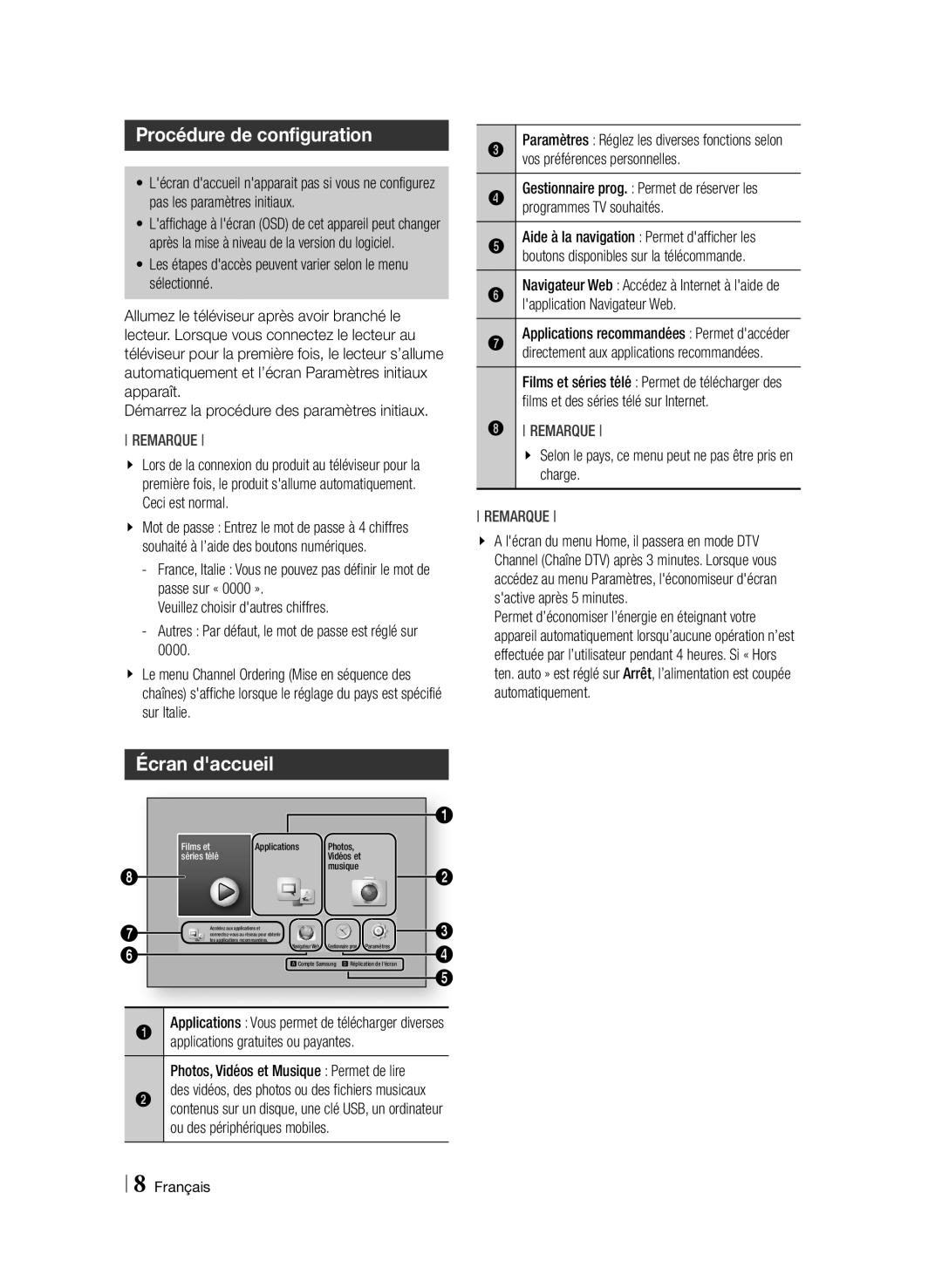 Samsung BD-F8500/ZF, BD-F8900/ZF manual Procédure de configuration, Écran daccueil 