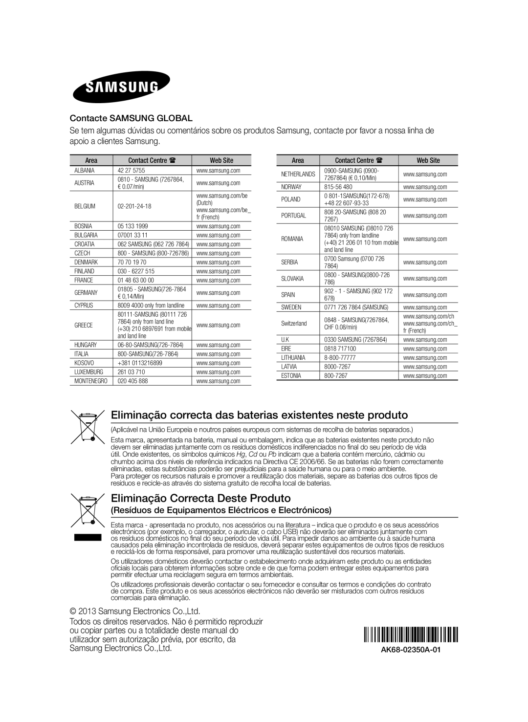 Samsung BD-F8500/ZF, BD-F8900/ZF manual Eliminação correcta das baterias existentes neste produto 