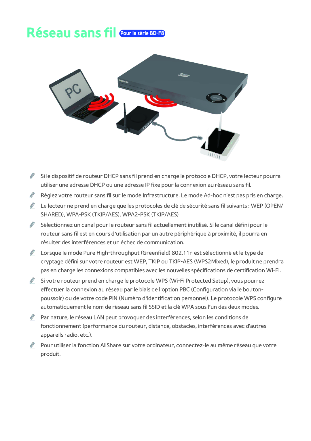 Samsung BD-F8500/ZF, BD-F8900/ZF manual Réseau sans fil Pour la série BD-F8 
