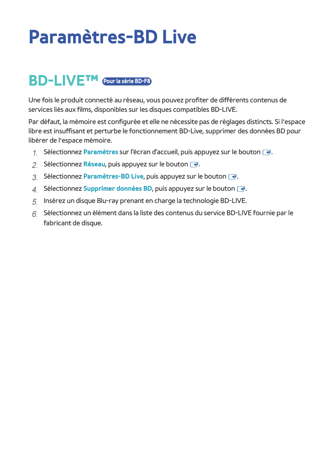Samsung BD-F8900/ZF, BD-F8500/ZF manual Paramètres-BD Live 