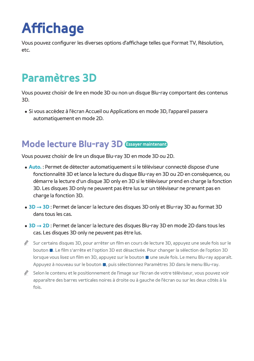 Samsung BD-F8900/ZF, BD-F8500/ZF manual Affichage, Paramètres 3D, Mode lecture Blu-ray 3D Essayer maintenant 