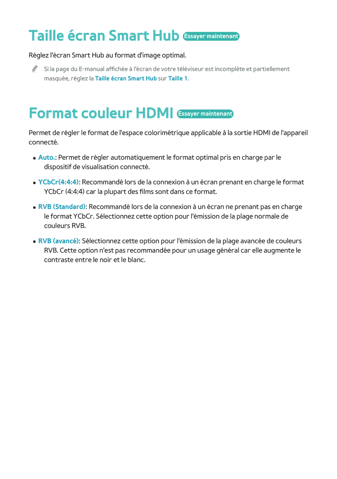 Samsung BD-F8900/ZF, BD-F8500/ZF manual Taille écran Smart Hub Essayer maintenant, Format couleur Hdmi Essayer maintenant 