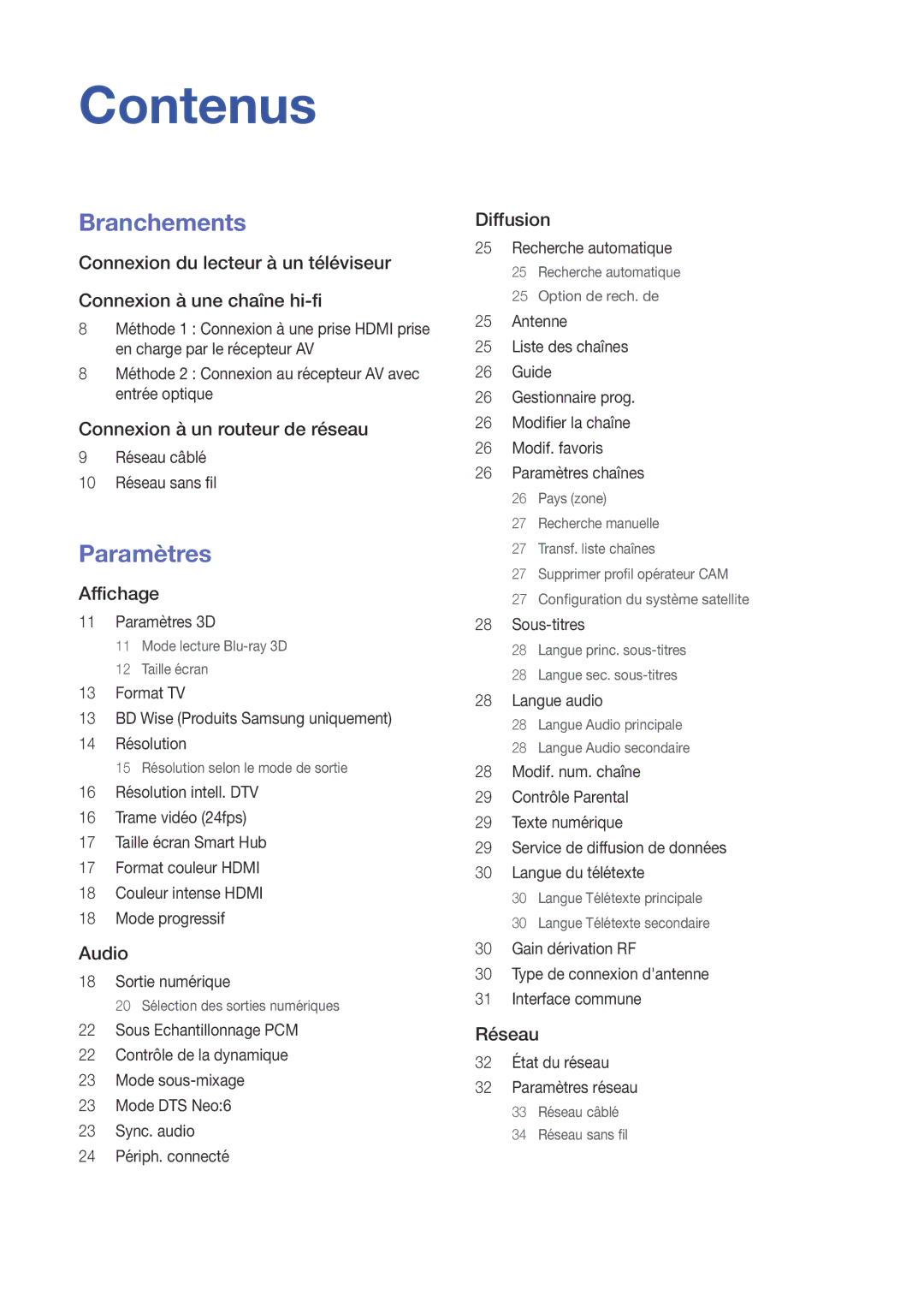 Samsung BD-F8500/ZF, BD-F8900/ZF manual Contenus, Branchements 