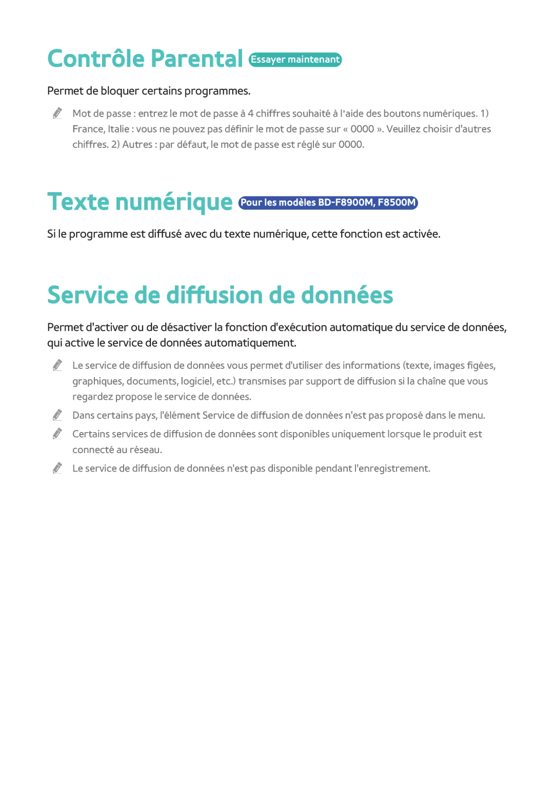 Samsung BD-F8900/ZF, BD-F8500/ZF manual Contrôle Parental Essayer maintenant, Service de diffusion de données 