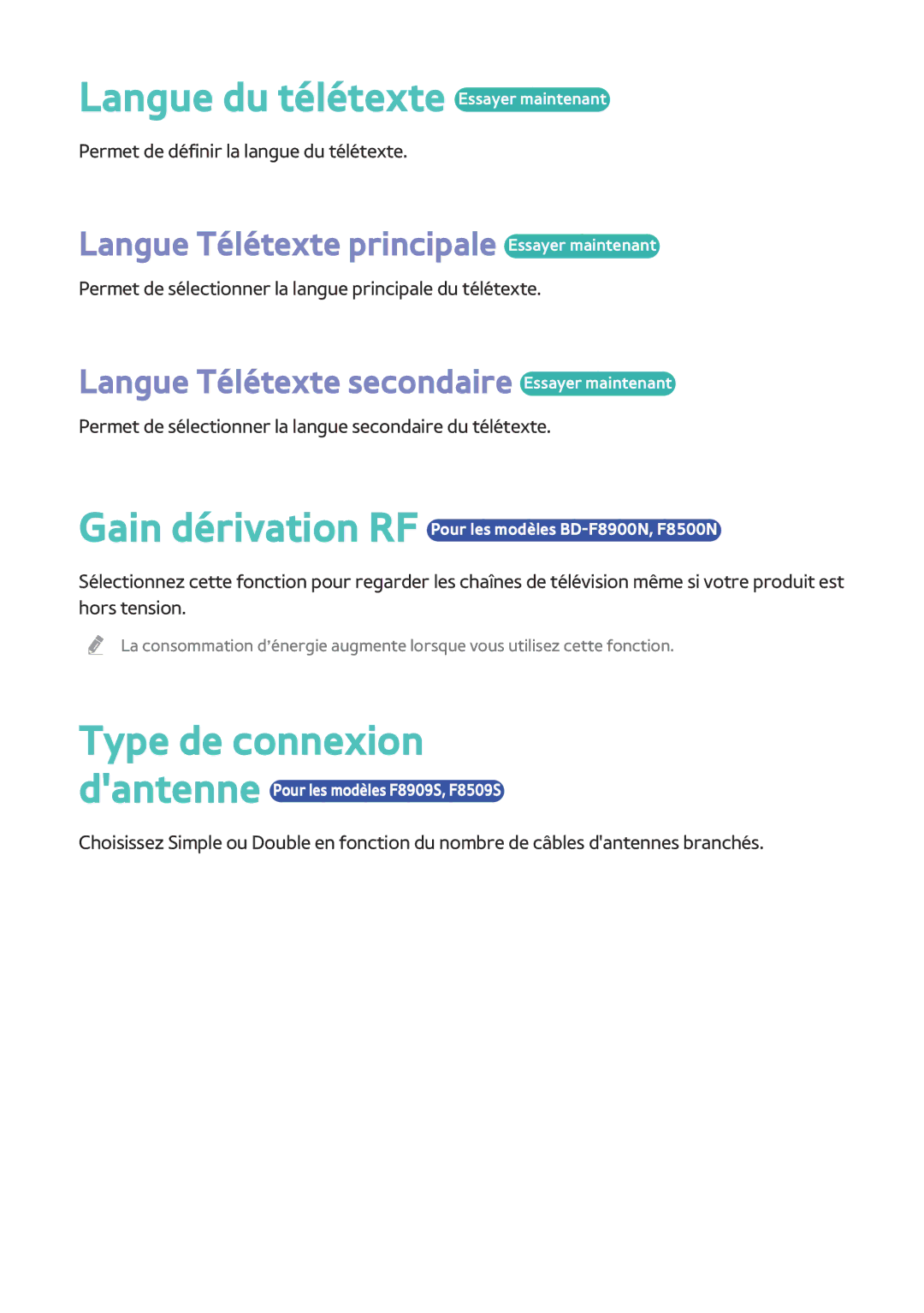 Samsung BD-F8500/ZF, BD-F8900/ZF manual Langue du télétexte Essayer maintenant, Type de connexion 