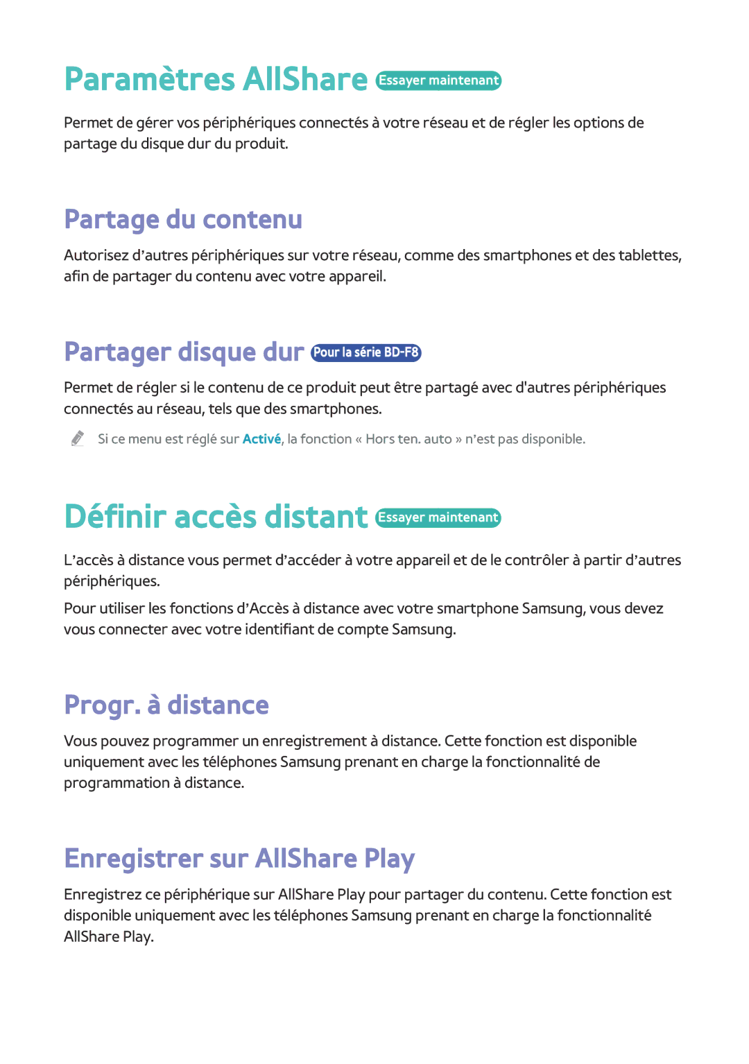 Samsung BD-F8900/ZF, BD-F8500/ZF manual Paramètres AllShare Essayer maintenant, Définir accès distant Essayer maintenant 