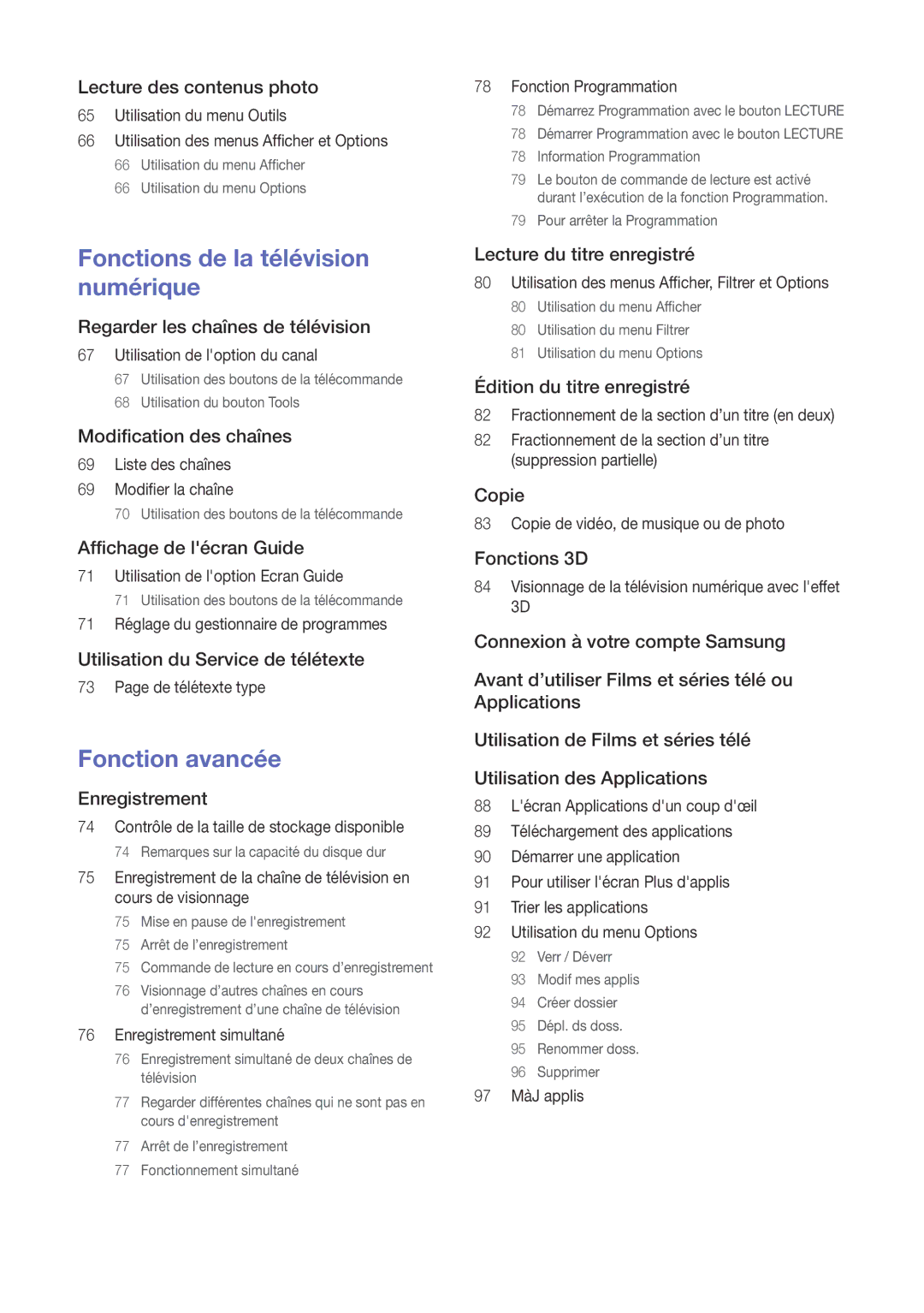 Samsung BD-F8500/ZF, BD-F8900/ZF manual Fonctions de la télévision numérique 