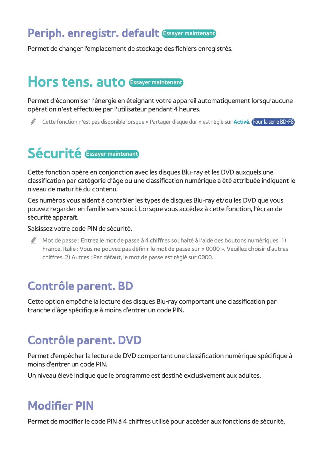 Samsung BD-F8900/ZF Periph. enregistr. default Essayer maintenant, Contrôle parent. BD, Contrôle parent. DVD, Modifier PIN 