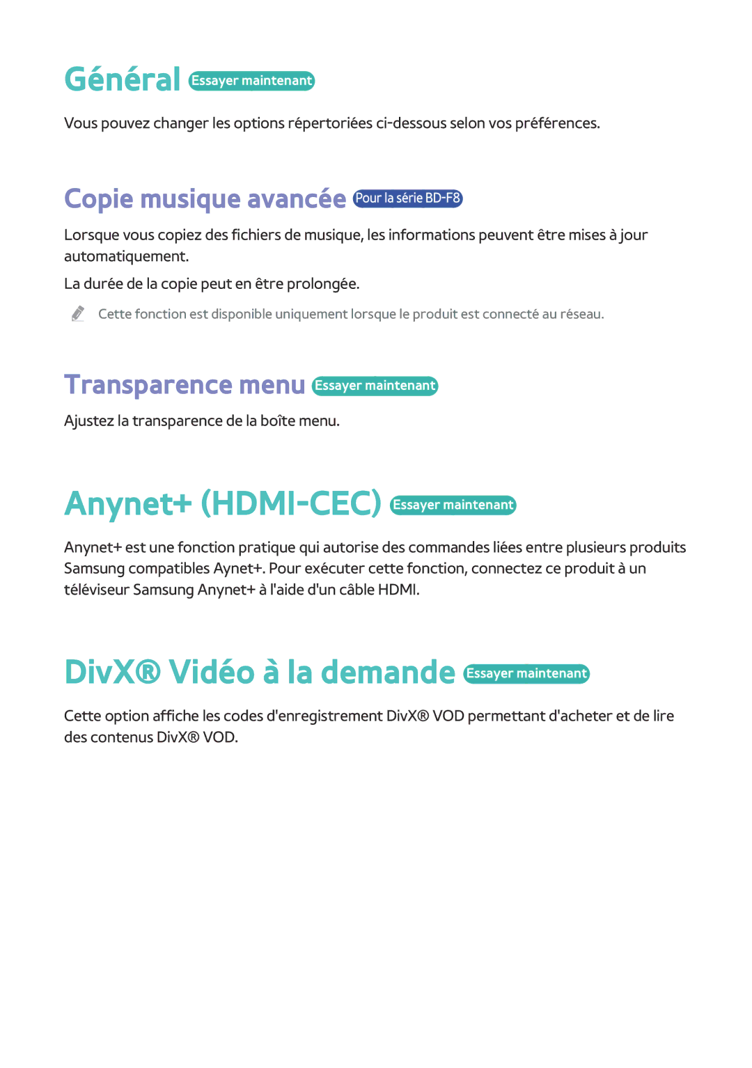 Samsung BD-F8500/ZF, BD-F8900/ZF manual Anynet+ HDMI-CEC Essayer maintenant, DivX Vidéo à la demande Essayer maintenant 