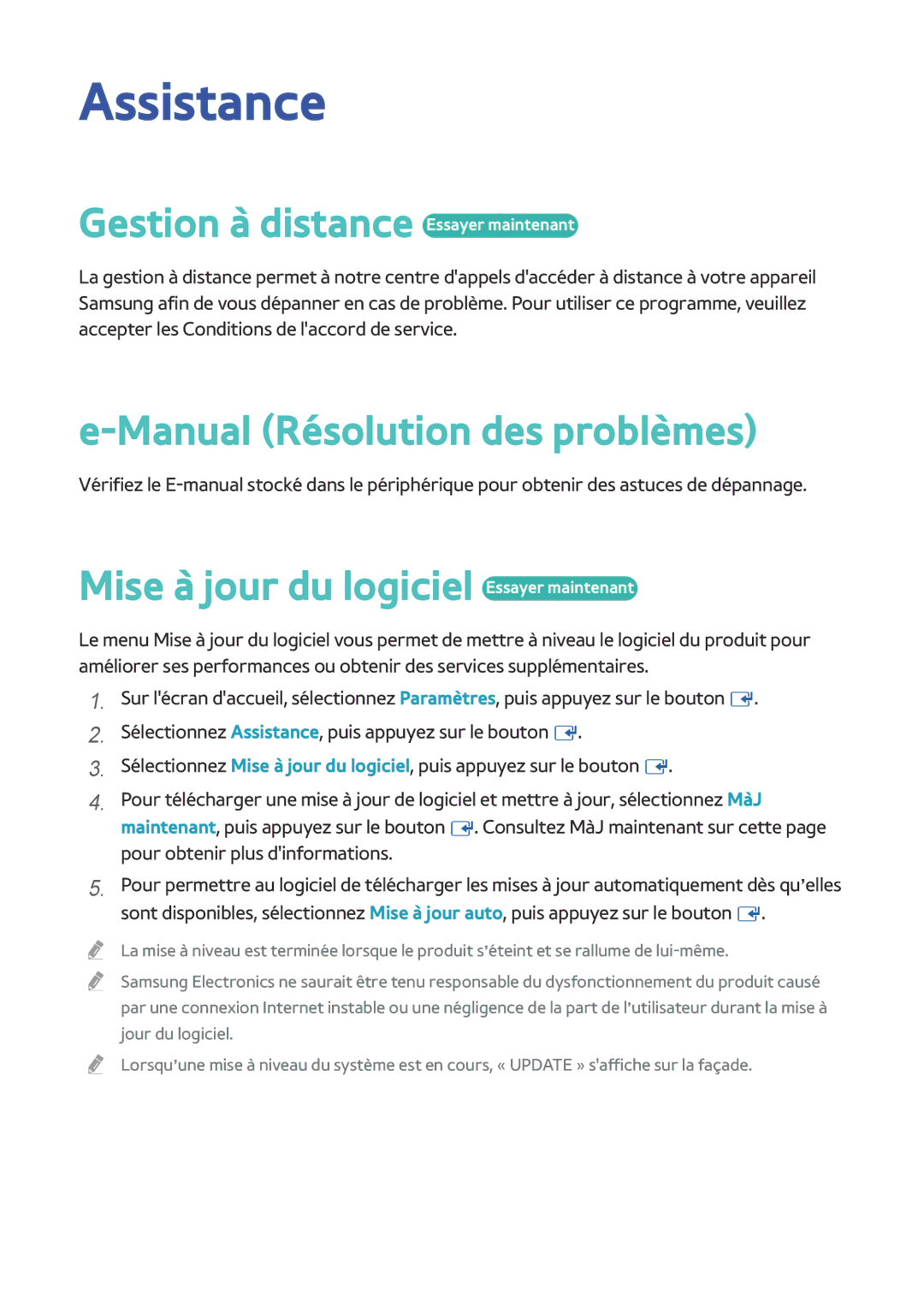 Samsung BD-F8900/ZF, BD-F8500/ZF manual Assistance, Gestion à distance Essayer maintenant, Manual Résolution des problèmes 