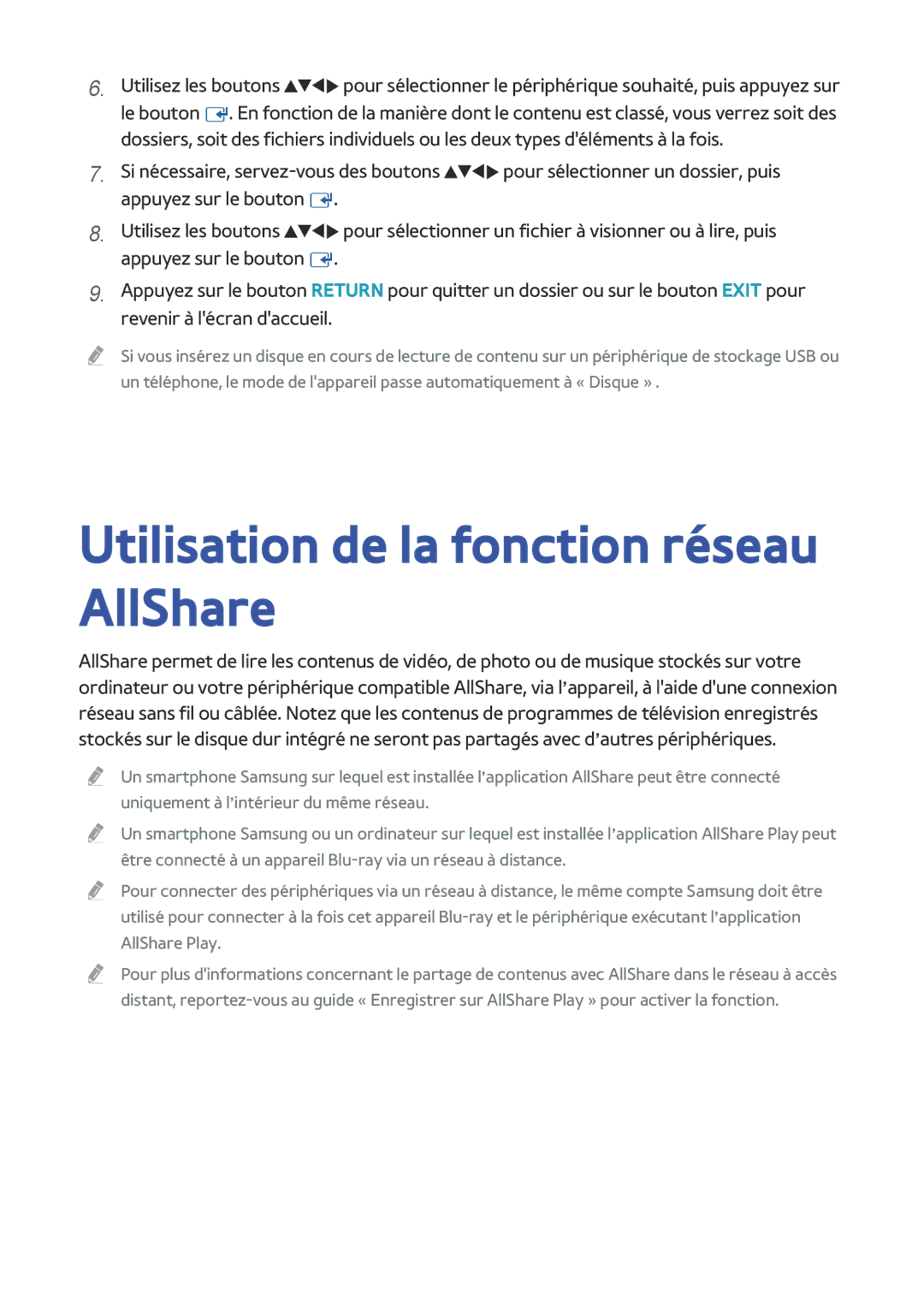 Samsung BD-F8900/ZF, BD-F8500/ZF manual Utilisation de la fonction réseau AllShare 