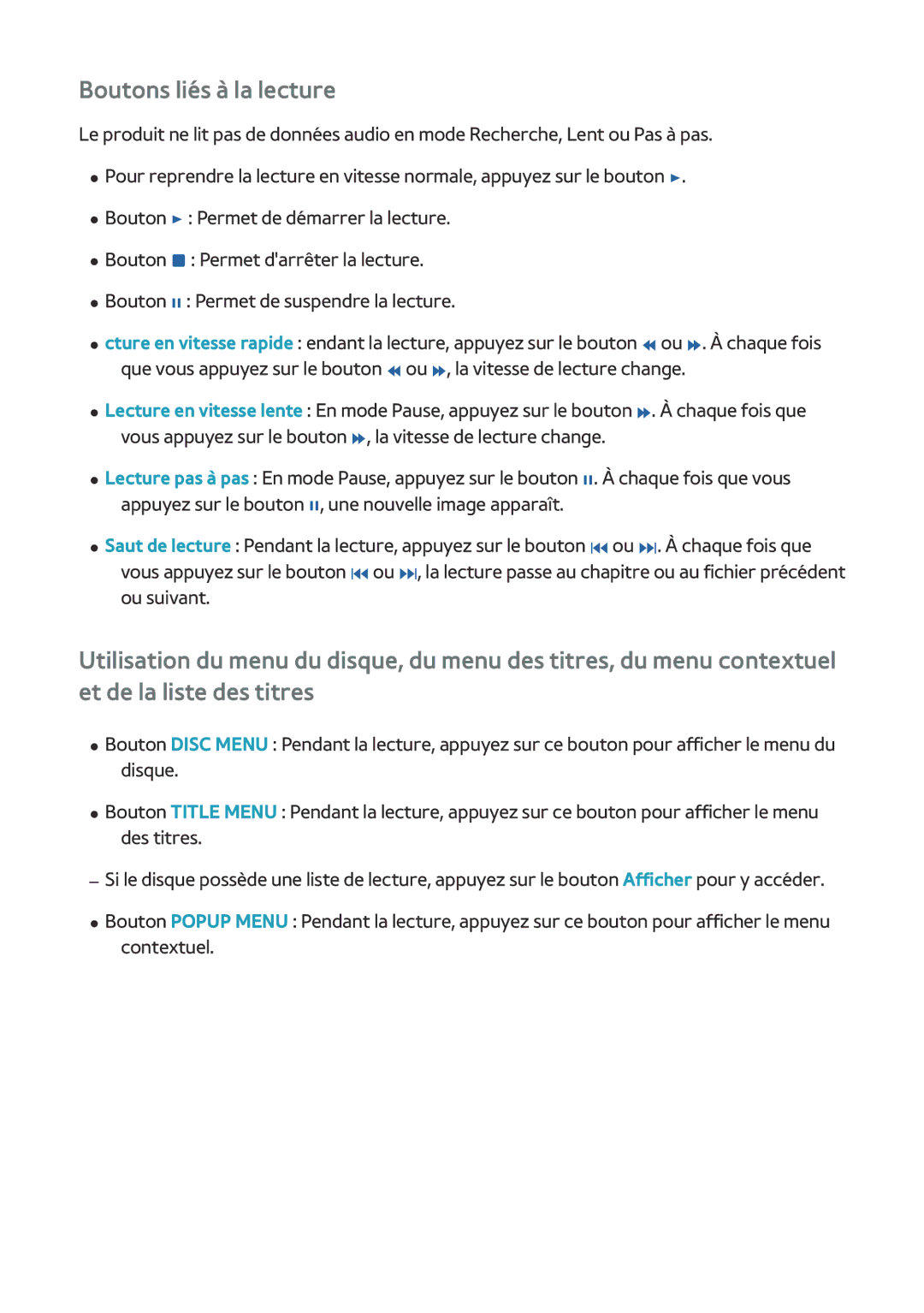 Samsung BD-F8500/ZF, BD-F8900/ZF manual Boutons liés à la lecture 