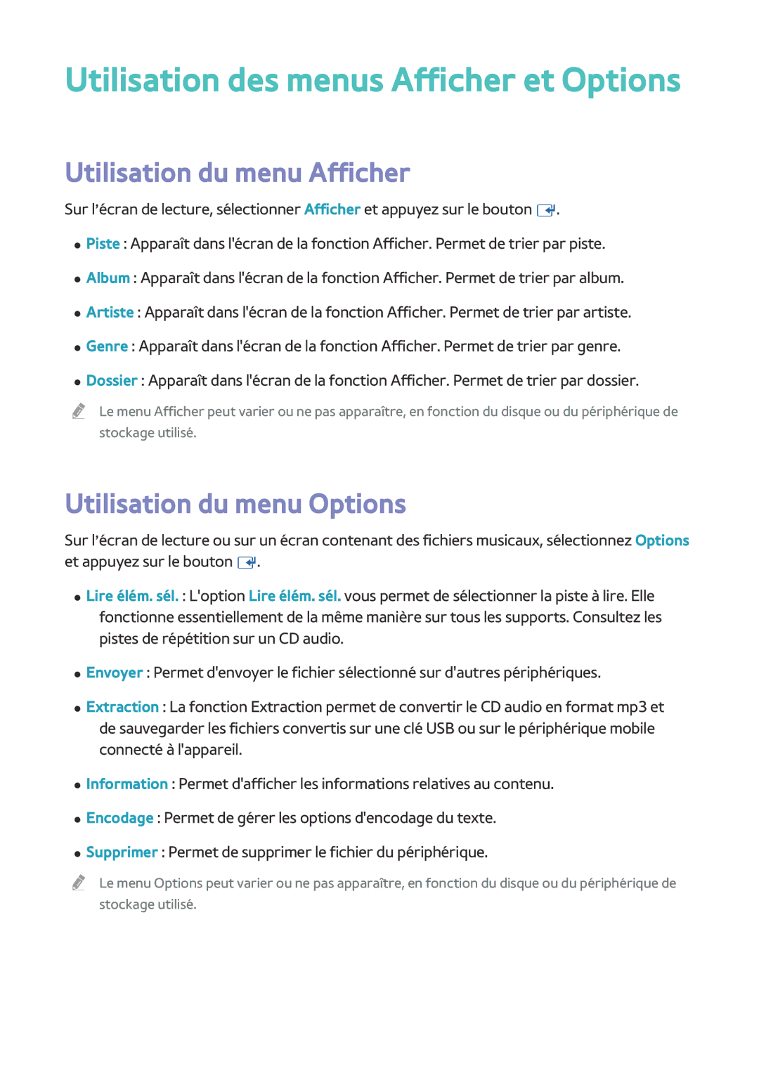 Samsung BD-F8900/ZF, BD-F8500/ZF manual Utilisation des menus Afficher et Options 