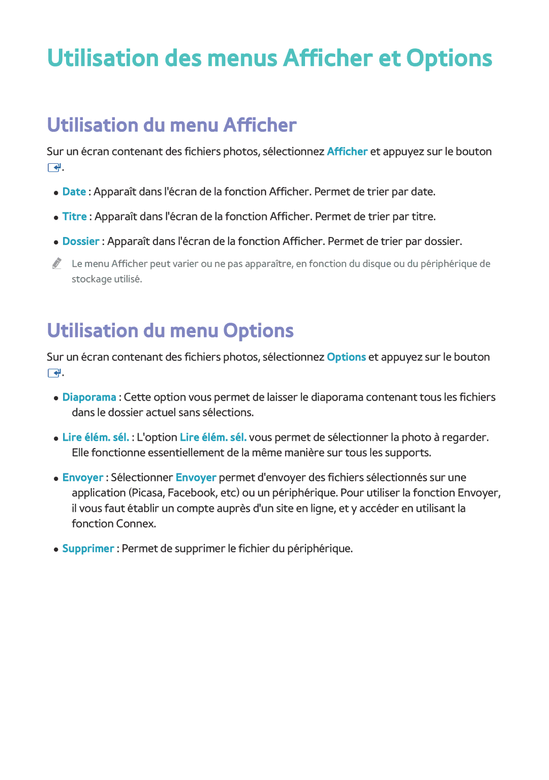 Samsung BD-F8500/ZF, BD-F8900/ZF manual Utilisation des menus Afficher et Options 