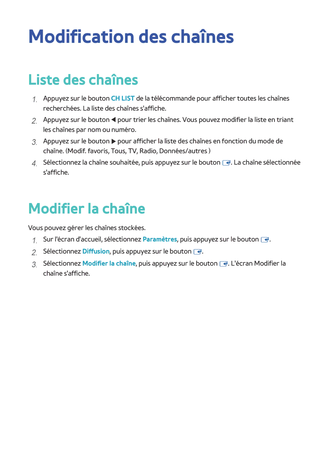 Samsung BD-F8900/ZF, BD-F8500/ZF manual Modification des chaînes, Liste des chaînes 