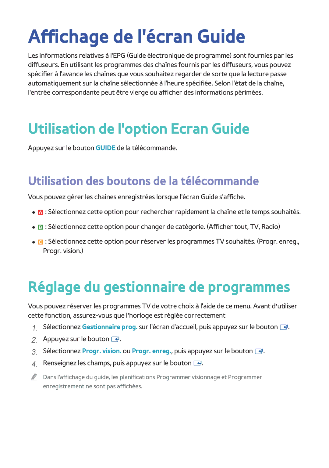 Samsung BD-F8900/ZF Affichage de lécran Guide, Utilisation de loption Ecran Guide, Réglage du gestionnaire de programmes 