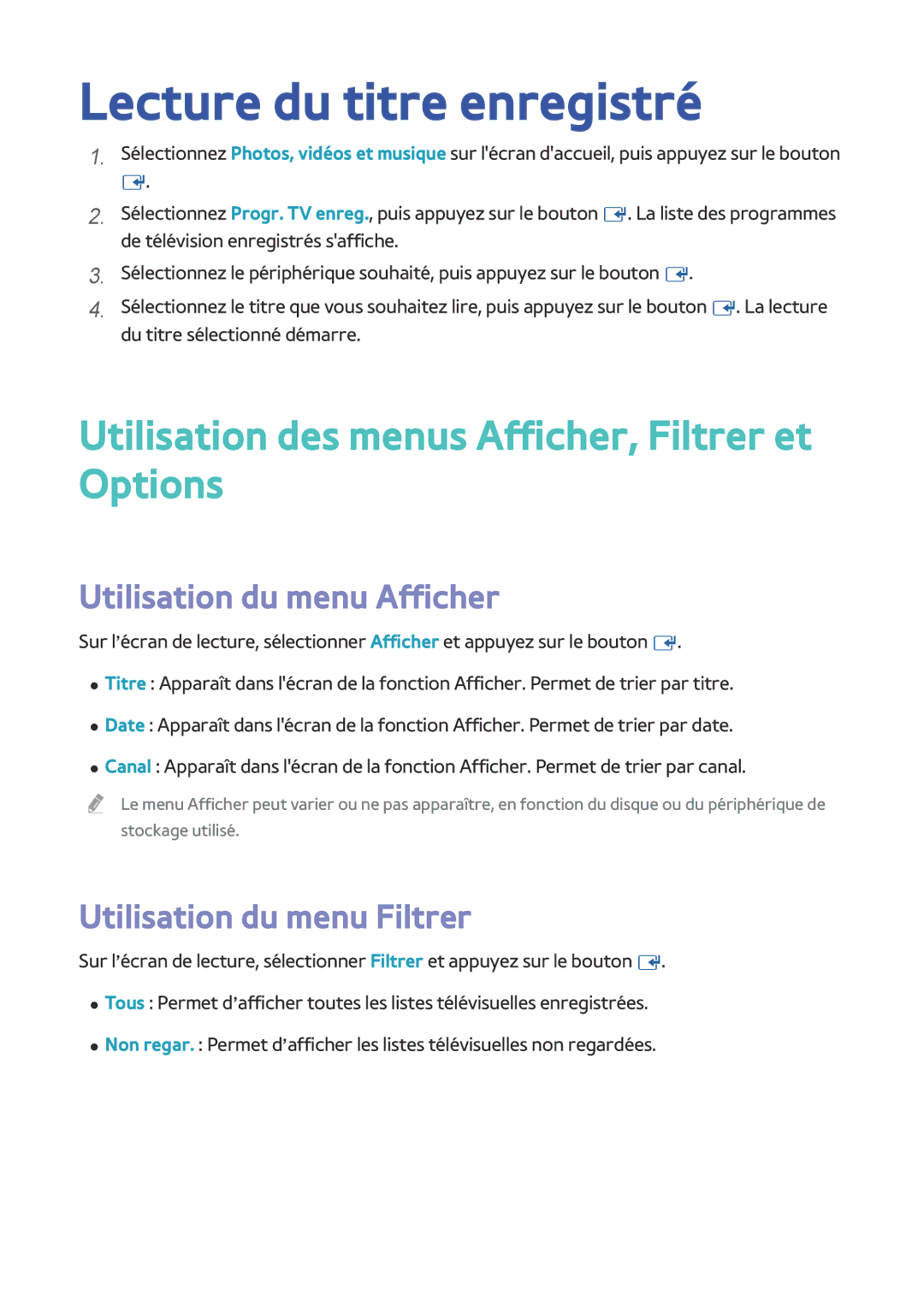 Samsung BD-F8500/ZF, BD-F8900/ZF manual Lecture du titre enregistré, Utilisation des menus Afficher, Filtrer et Options 