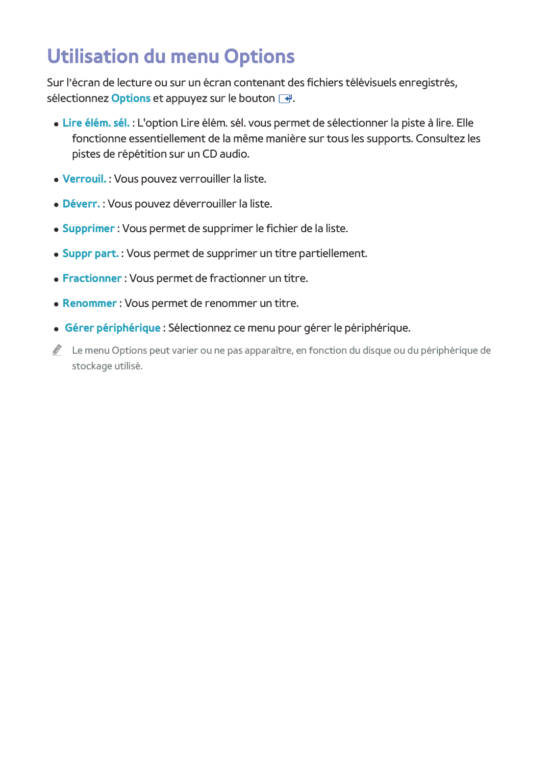 Samsung BD-F8900/ZF, BD-F8500/ZF manual Utilisation du menu Options 